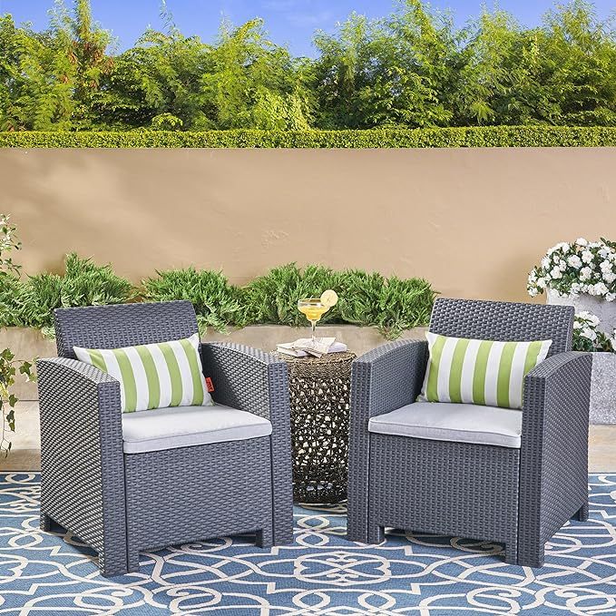 Outdoor Charcoal Faux Wicker Club Chairs with Light Grey Water Resistant Cushions