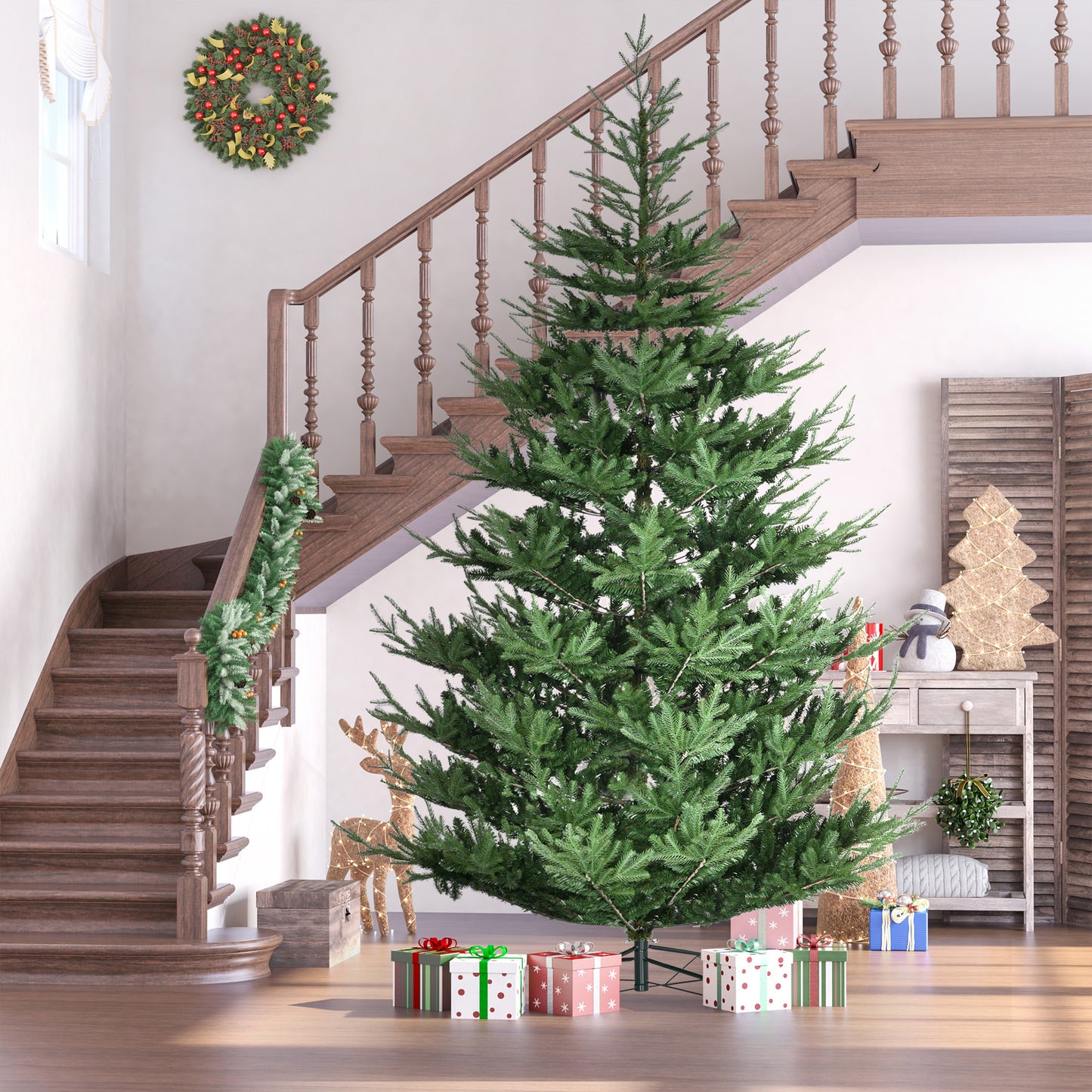 HOMCOM 9 Foot Artificial Christmas Tree, Pine Hinged Xmas Tree with 1939 Realistic Branches, Steel Base, Auto Open, Green