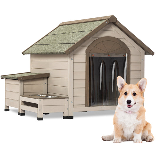 Outdoor fir wood dog house with an open roof ideal for small to medium dogs. With storage box, elevated feeding station with 2 bowls. Weatherproof asphalt roof and treated wood.