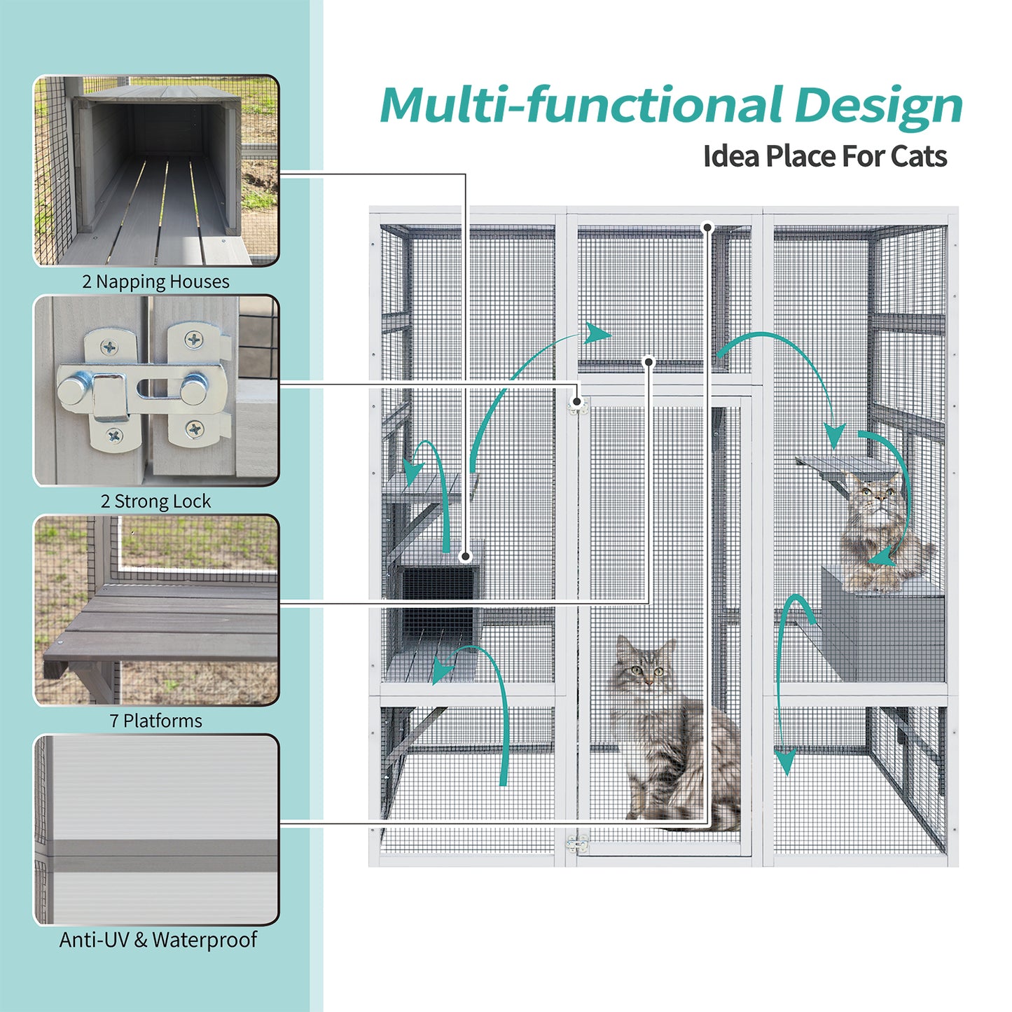 62.6" Outdoor Wooden Cat House Large Catio,  Solid Wood Cat Cage Shelter Enclosure Playpen with Anti-UV& Waterproof, 7 Platforms and 2 Resting Boxes