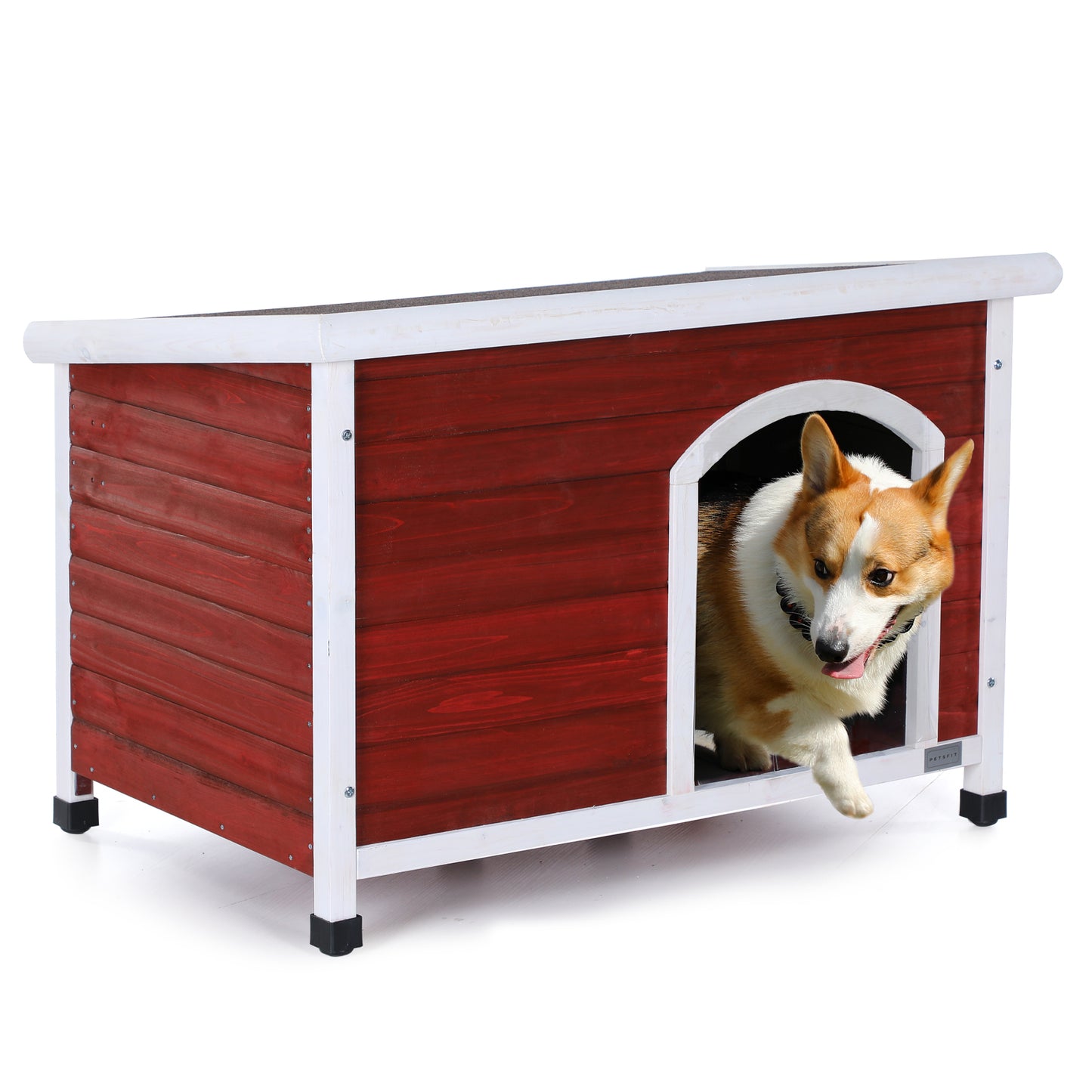 Medium Wooden Outdoor Dog House, Waterproof Roof, Elevated Floor, Adjustable Plastic Feet, Red