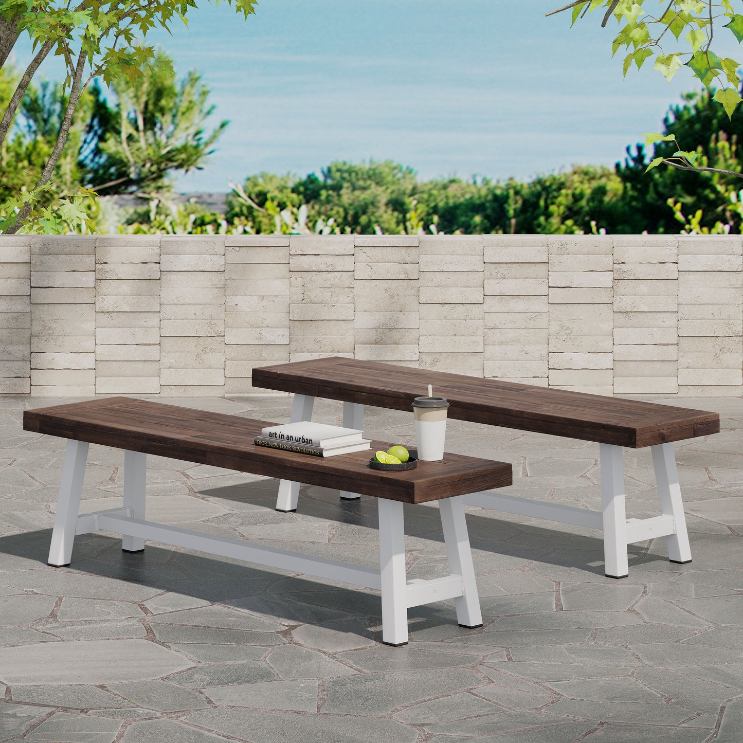 Outdoor Carlisle Benches, Sandblasted Dark Brown + White(Set of 2)