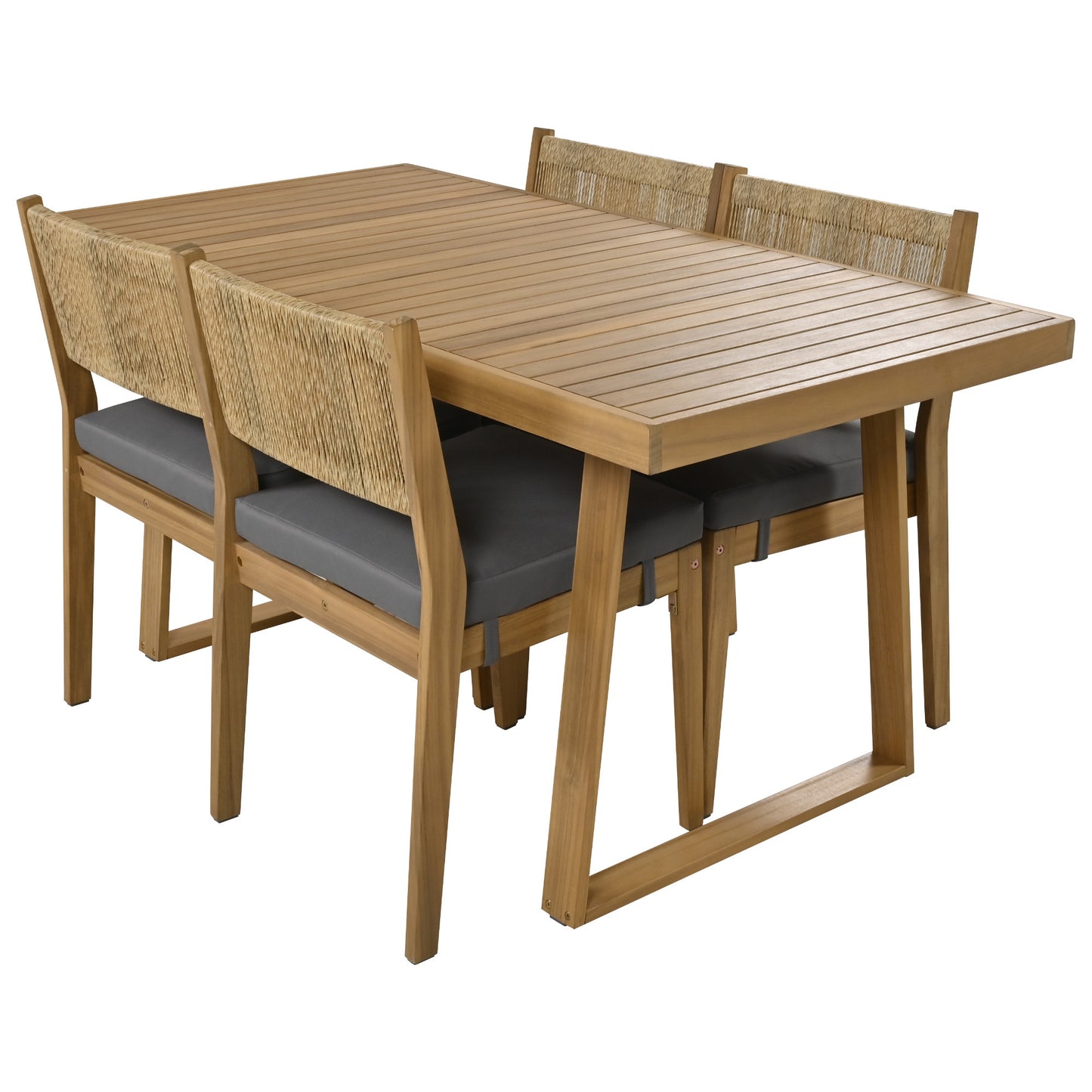 U_Style Multi-person Outdoor Acacia Wood Dining Table and Chair Set, Thick Cushions, Suitable for Balcony, Vourtyard, and Garden.