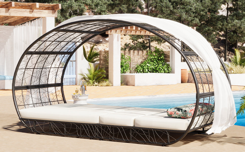 90.55" Outdoor Patio Daybed with Curtain, Sunbed with Cushion and