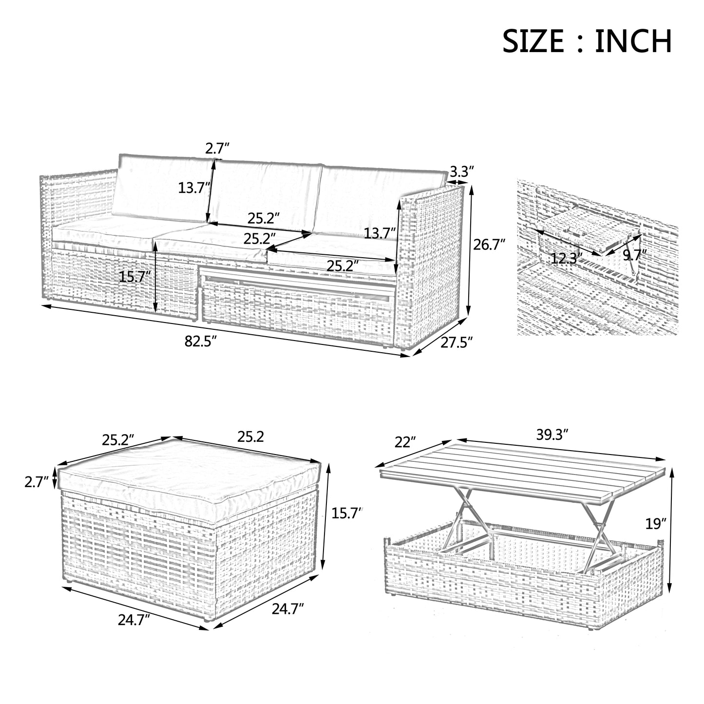 Patio Furniture, Outdoor Furniture, Seasonal PE Wicker Furniture,5 Set Wicker Furniture With Plywood Coffee Table,with lift TOP Coffee Table,with Lounger Sofa