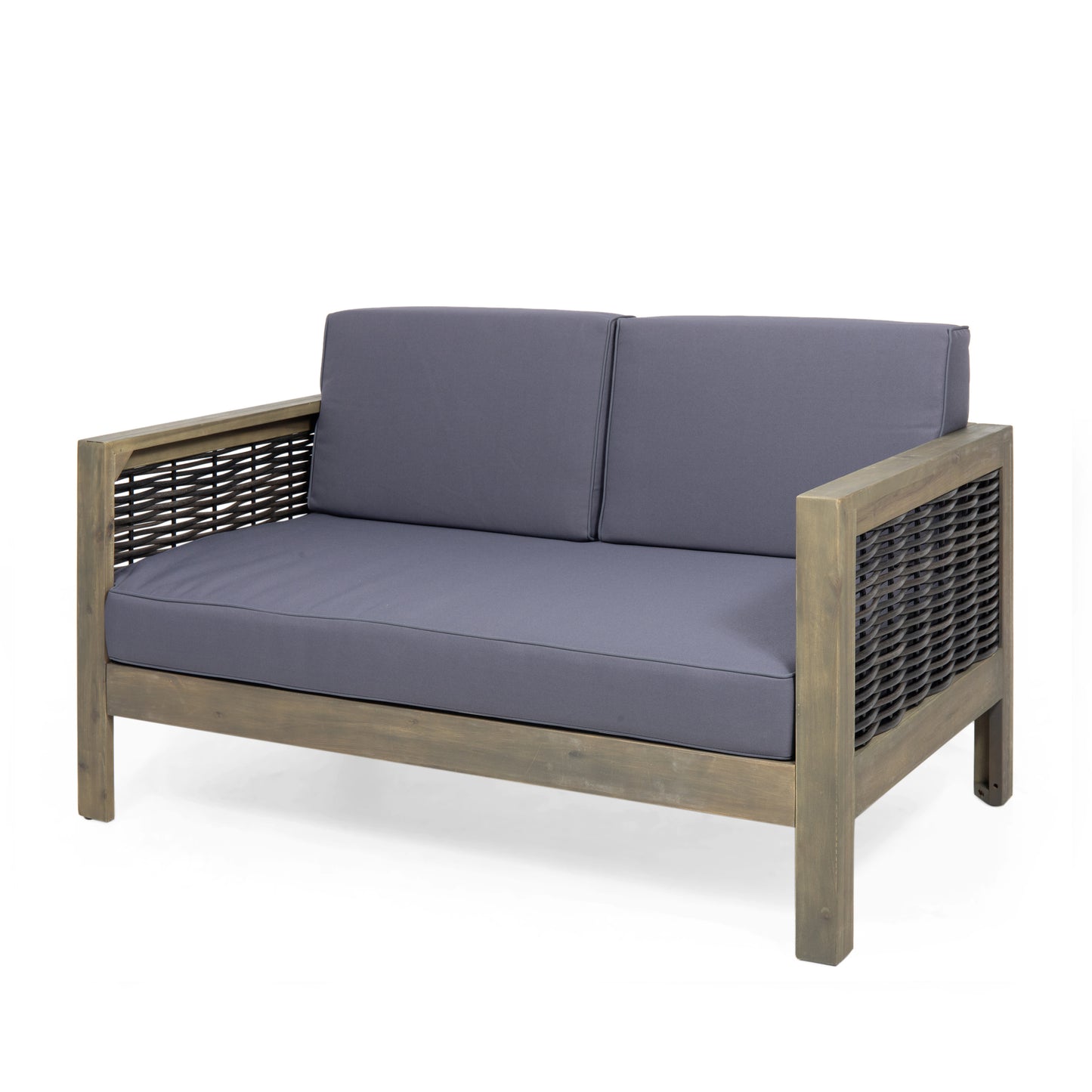 Outdoor 4 Seater Acacia Wood Chat Set with Wicker Accents and Cushions, Gray + Mixed Gray + Dark Gray