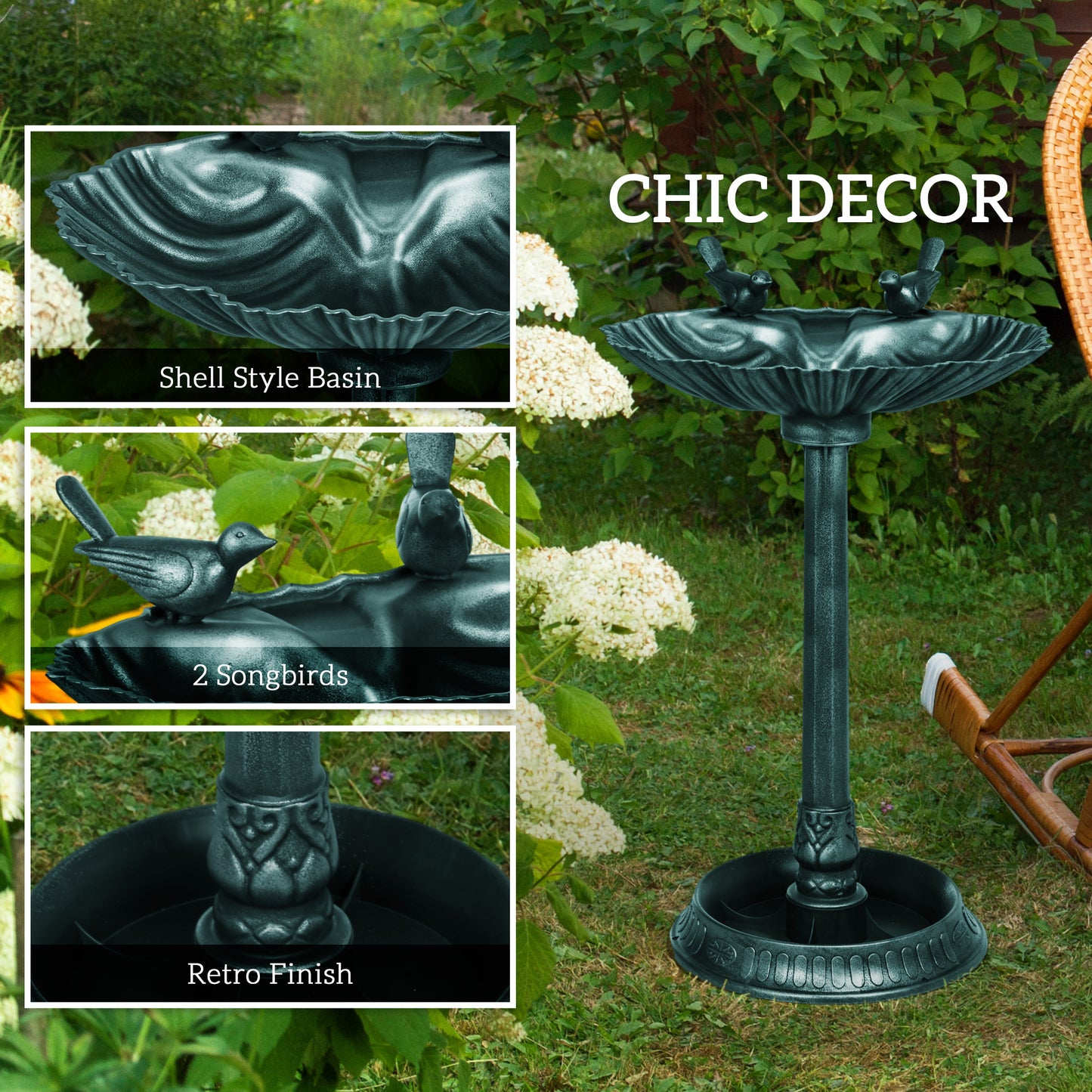 Outsunny 32" Antique Bird Bath with Pedestal Flower Planter Base, Vintage Style Decorative Birdbath, Bird Feeder Bowl & Planter Decoration Yard Statue, Verdigris