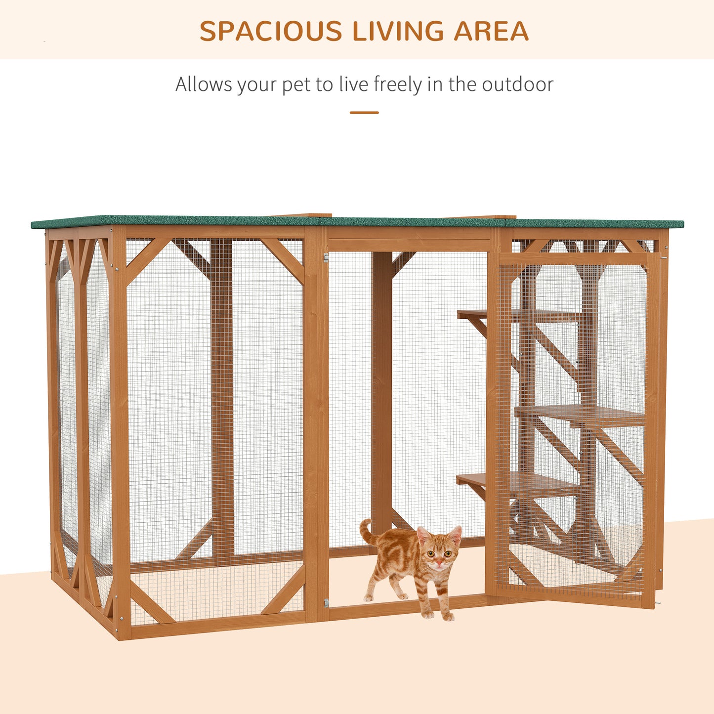 PawHut Outdoor Cat House, Catio Wooden Feral Cat Shelter, Cat Cage with Platforms, Large Enter Door, Weather Protection Asphalt Roof, 71" L, Orange