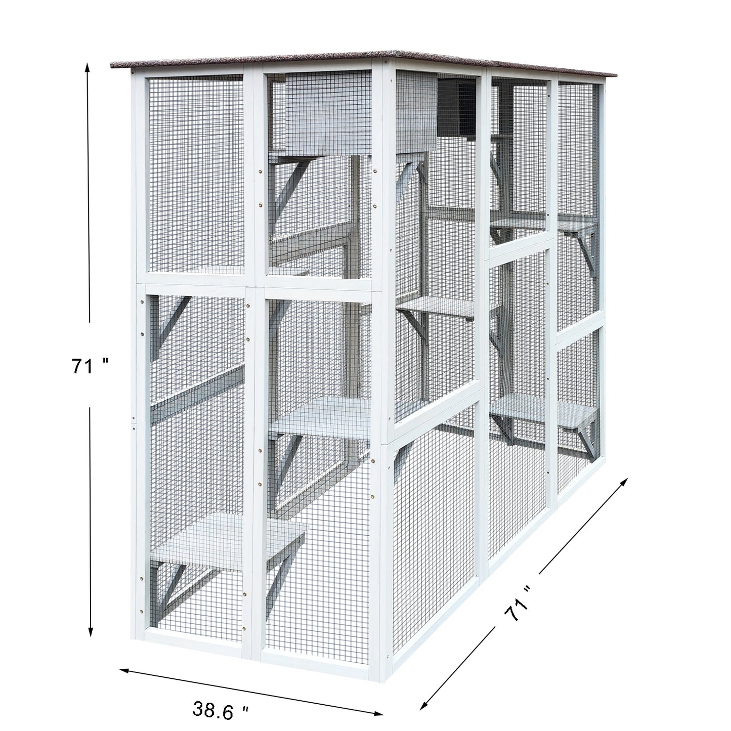 Wooden Catio Outdoor Cat Enclosure, 71"  Outdoor Gray Cat House Weatherproof  Asphalt Roof, Large Solid Wood Cat Cage with 6 Jumping Platforms & 2 Napping Houses, Walk-in Cat Kennel Condo Shelter