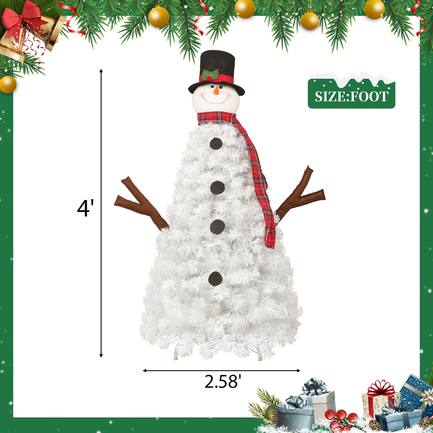 4ft Pre-lit Christmas Tree with 100 Lights, Snowman-Shaped Artificial Christmas Tree,  Xmas Tree with 380 Branch Tips, PVC Festival Celebration Decoration Inside and Outside