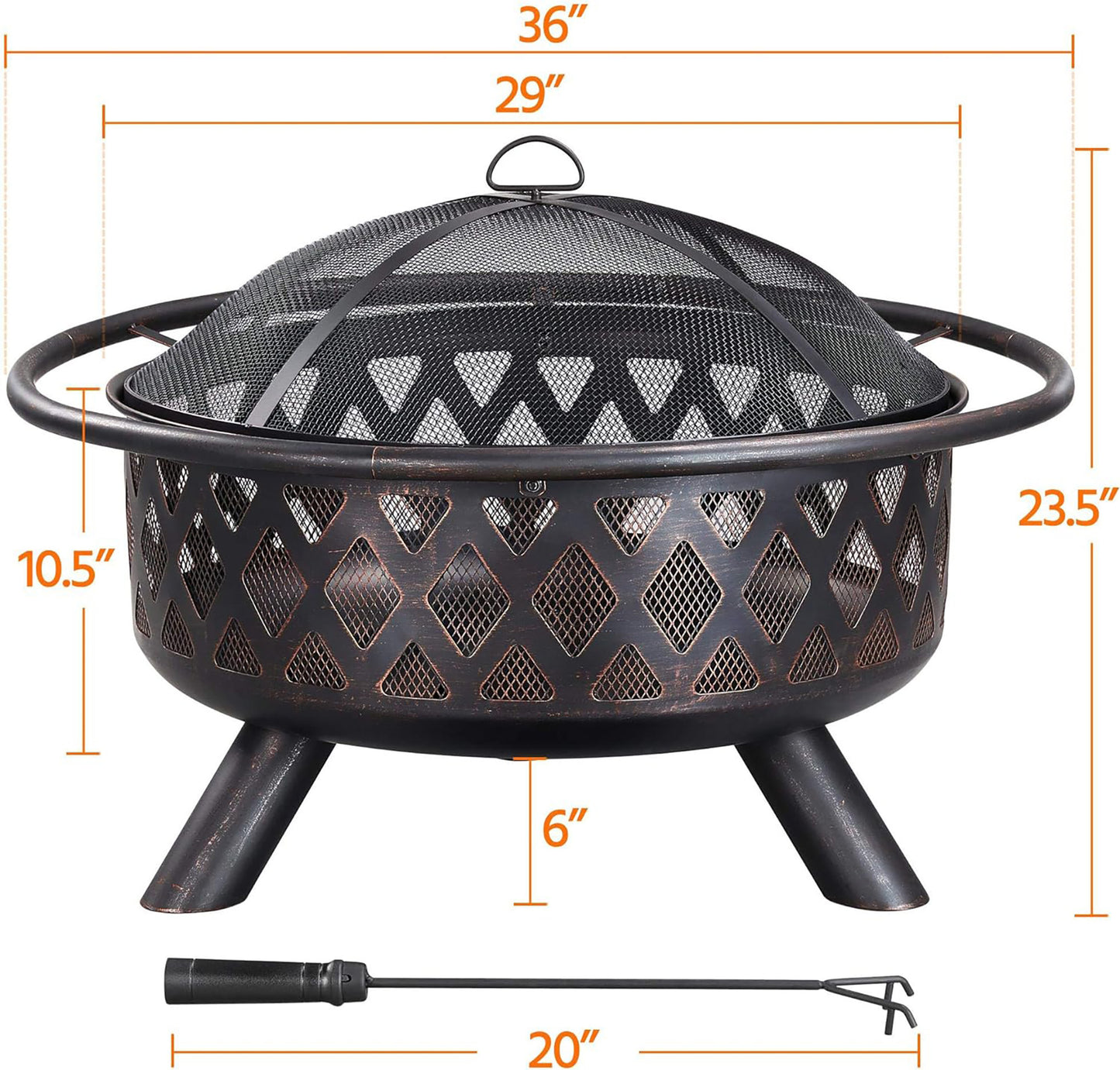 Fire Pit 36in Outdoor Wood Burning Fire Pits Wood Large Fire Bowl for Outside BBQ Bonfire Patio with Mesh Spark Screen, Poker and Rain Cover