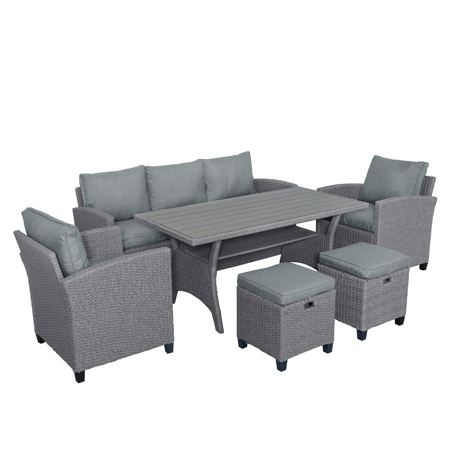 TOPMAX 6-Piece Outdoor Rattan Wicker Set Patio Garden Backyard Sofa, Chair, Stools and Table(Gray Rattan+Gray Cushion)