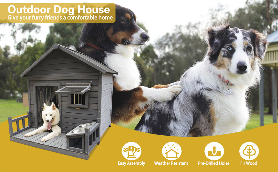 Large dog house, 44.2" long x 44.6" wide x 44.6" high solid wood asphalt roof dog house for large dogs with large terrace, weatherproof large dog house,Complimentary dog bowl