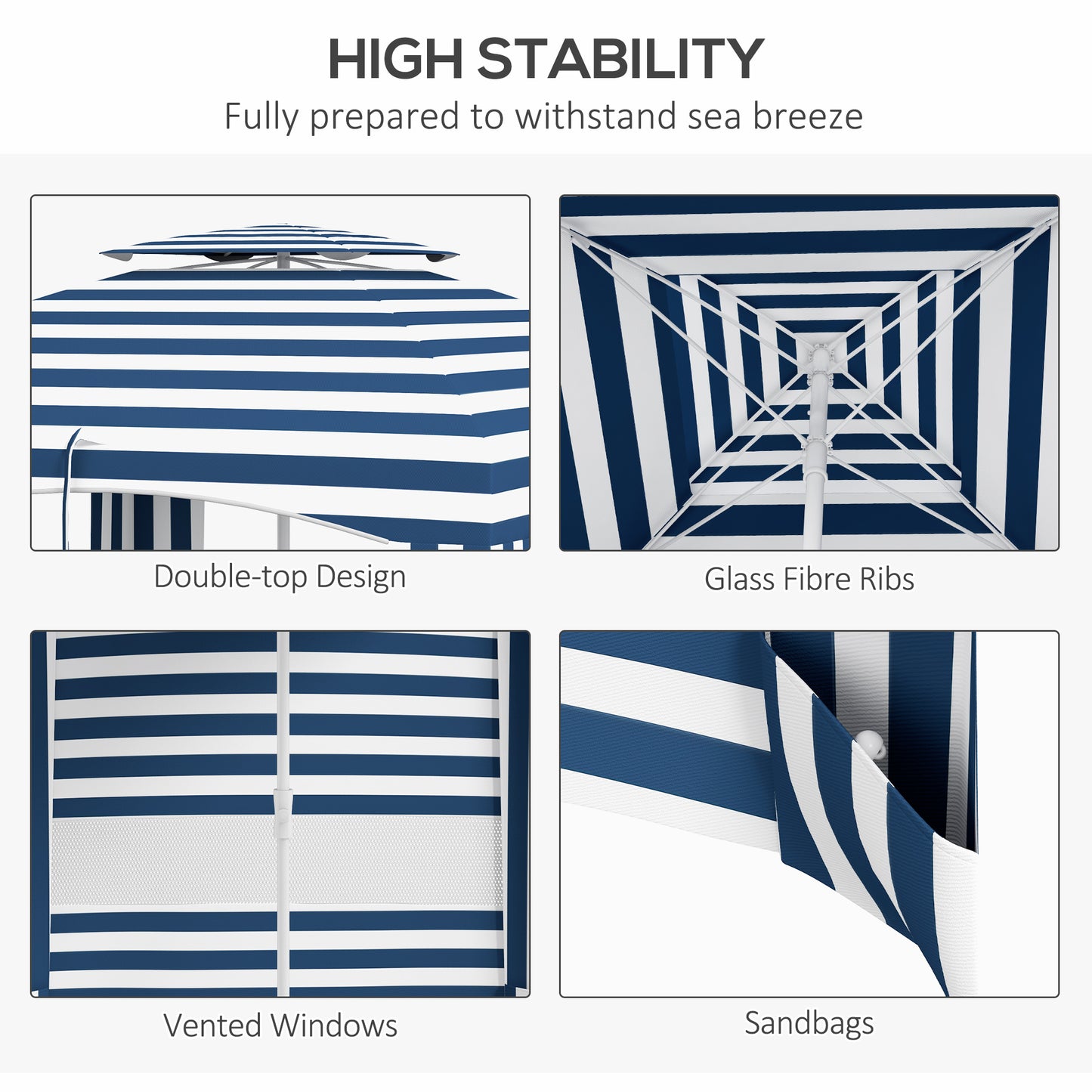 Outsunny 5.8' x 5.8' Portable Beach Umbrella with Double-Top, Ruffled Outdoor Cabana with Walls, Vents, Sandbags, Carry Bag, Blue & White Stripe