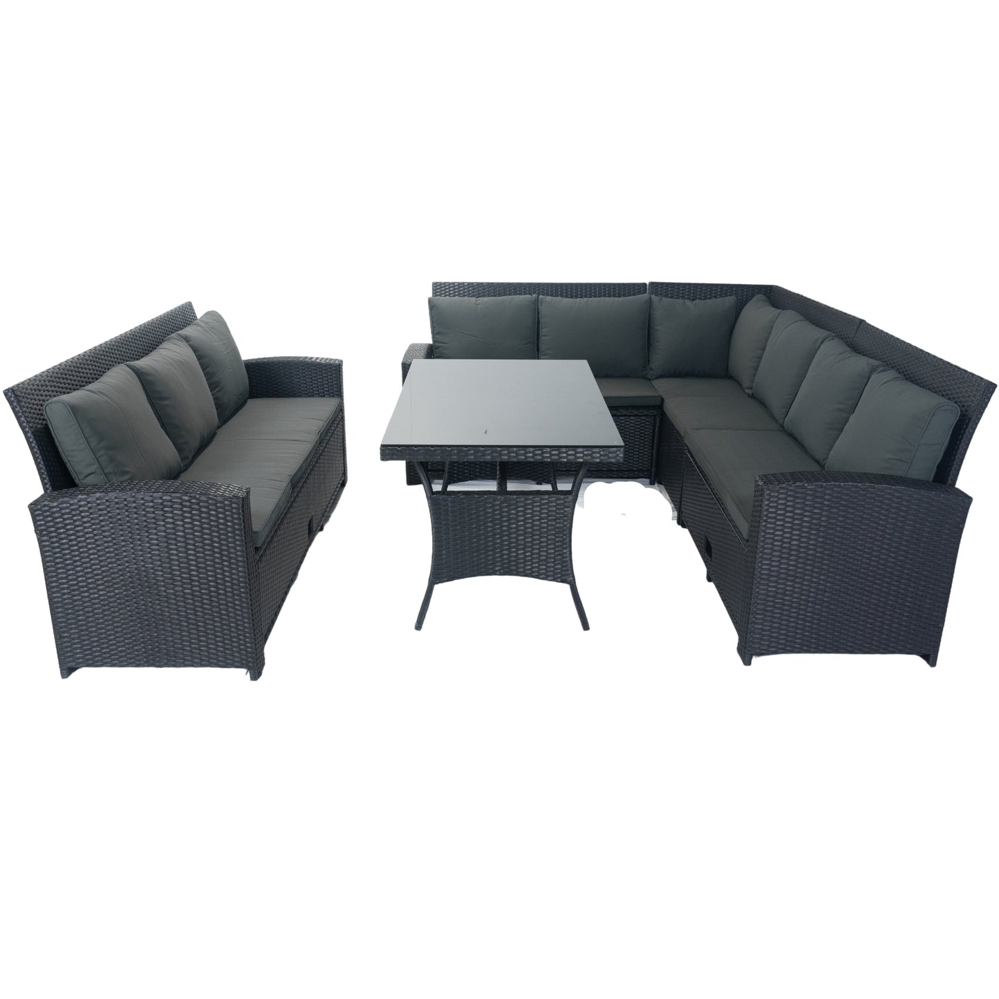 5 Piece Patio wicker Outdoor Sectional Set 9 Seater Conversation Set with 3 Storage Under Seat Black Wicker + Dark Grey Cushion