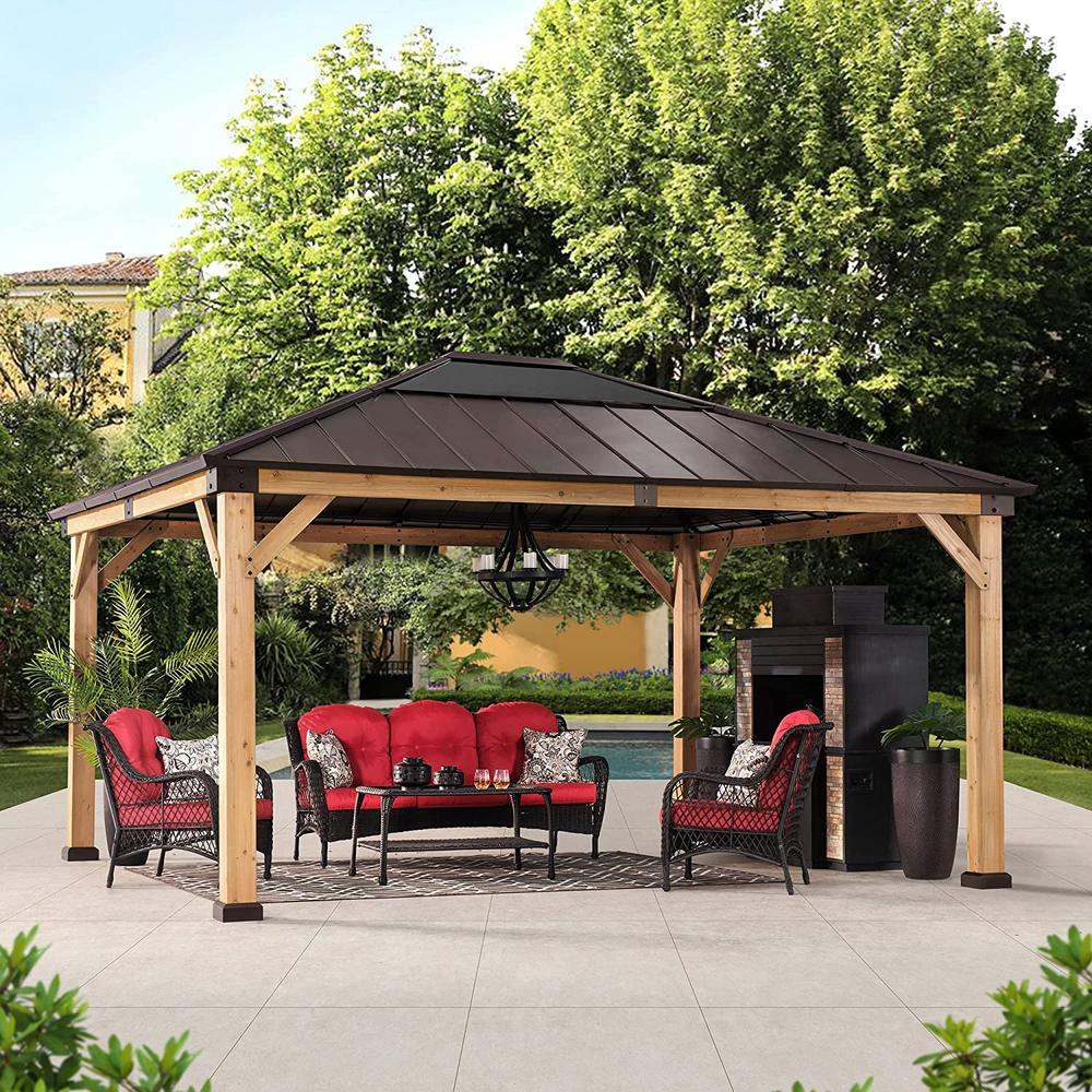 Sunjoy Patio 13 x 15ft Cedar Framed Gazebo with Brown Steel Hardtop