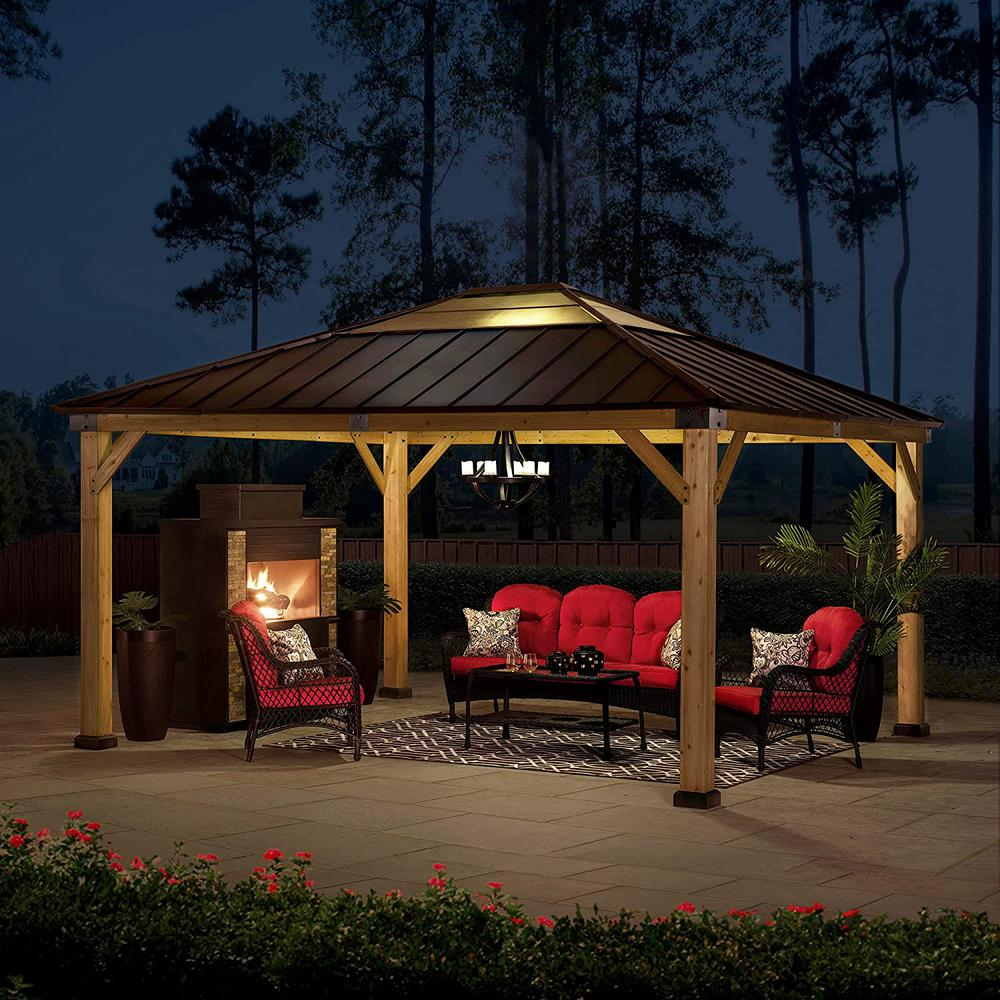 Sunjoy Patio 13 x 15ft Cedar Framed Gazebo with Brown Steel Hardtop