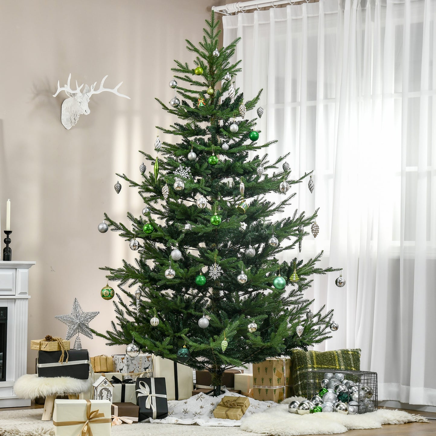 HOMCOM 7.5 Foot Artificial Christmas Tree, Pine Hinged Xmas Tree with 1218 Realistic Branches, Steel Base, Auto Open, Green