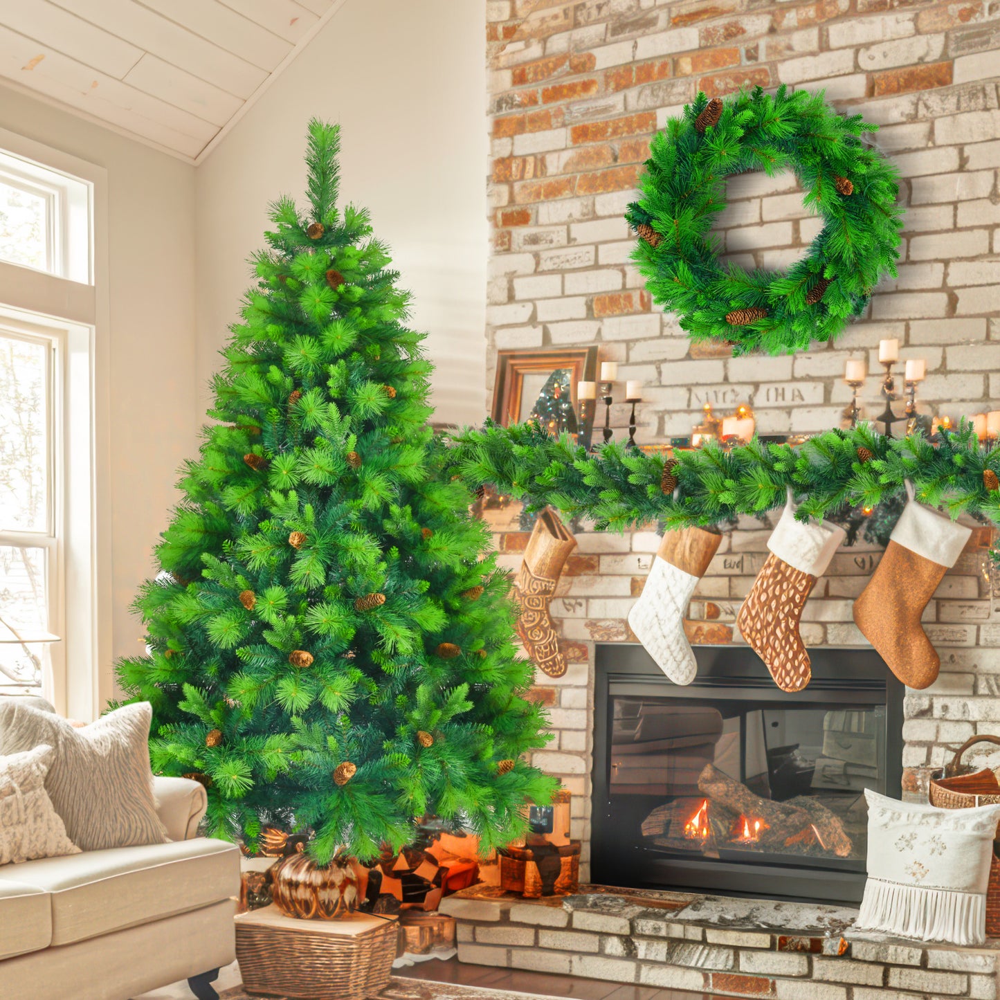 6FT Grass Green Christmas Tree, Large Branches Pine Tree, Pre-Lit Set with Tree & Garland & Wreath, Artificial Christmas with Pine Cones, Hinged Xmas Tree , for Holiday Party Ofiice Home