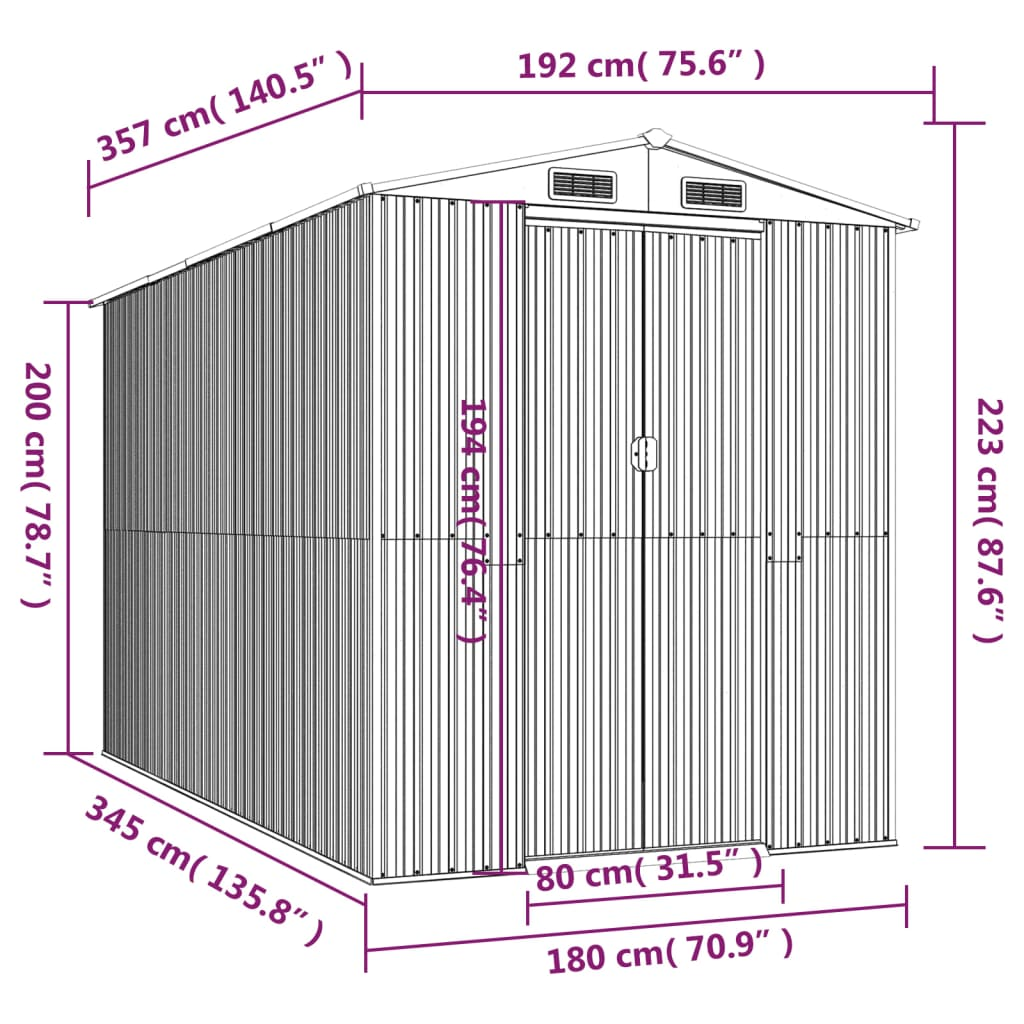 vidaXL Garden Shed Light Gray 75.6"x140.6"x87.8" Galvanized Steel