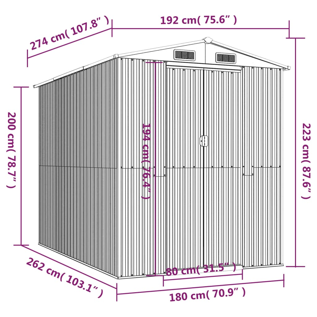 vidaXL Garden Shed Light Gray 75.6"x107.9"x87.8" Galvanized Steel