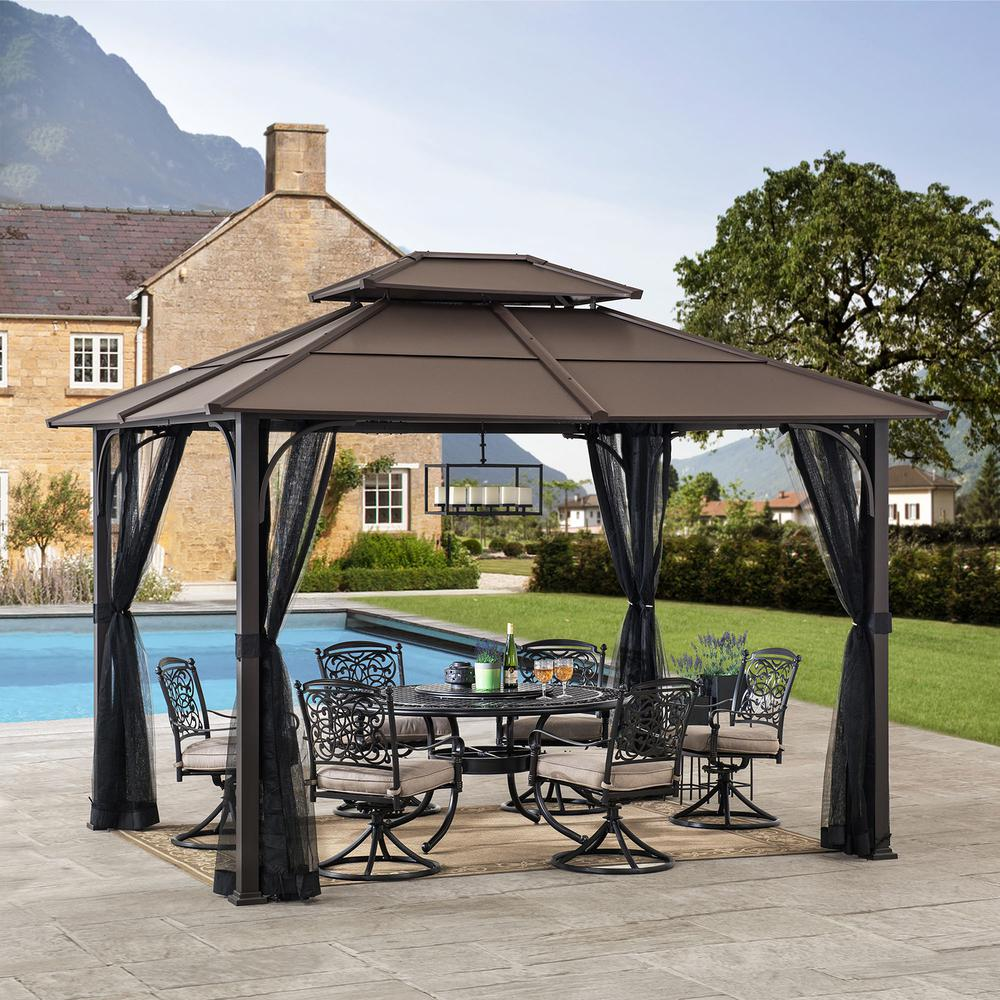 10 ft. x 12 ft. Black and Brown Steel Gazebo with 2-tier Hip Roof Hardtop