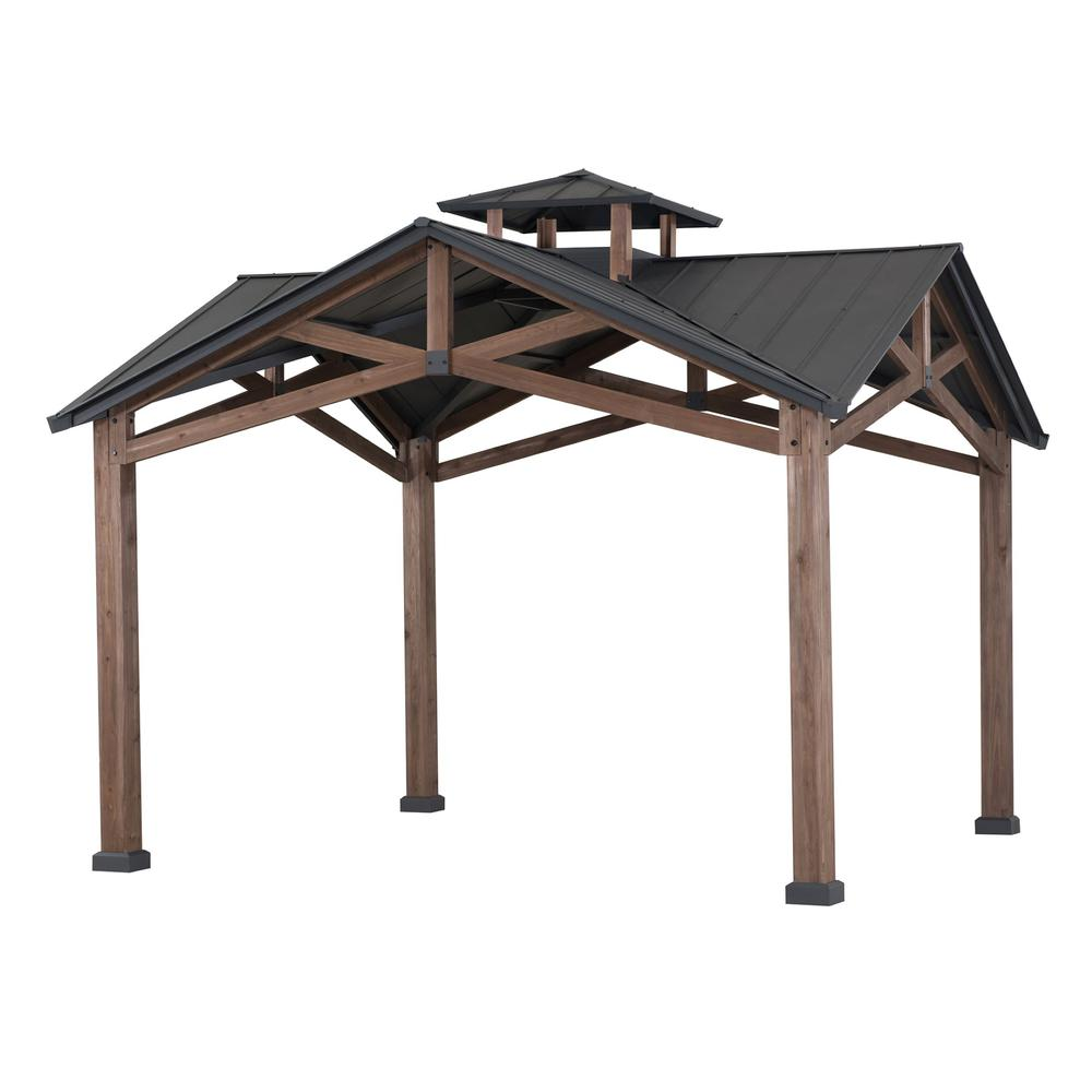 Bella Outdoor Patio Cedar Frame Gazebo with Steel 2-Tier Hardtop Roof