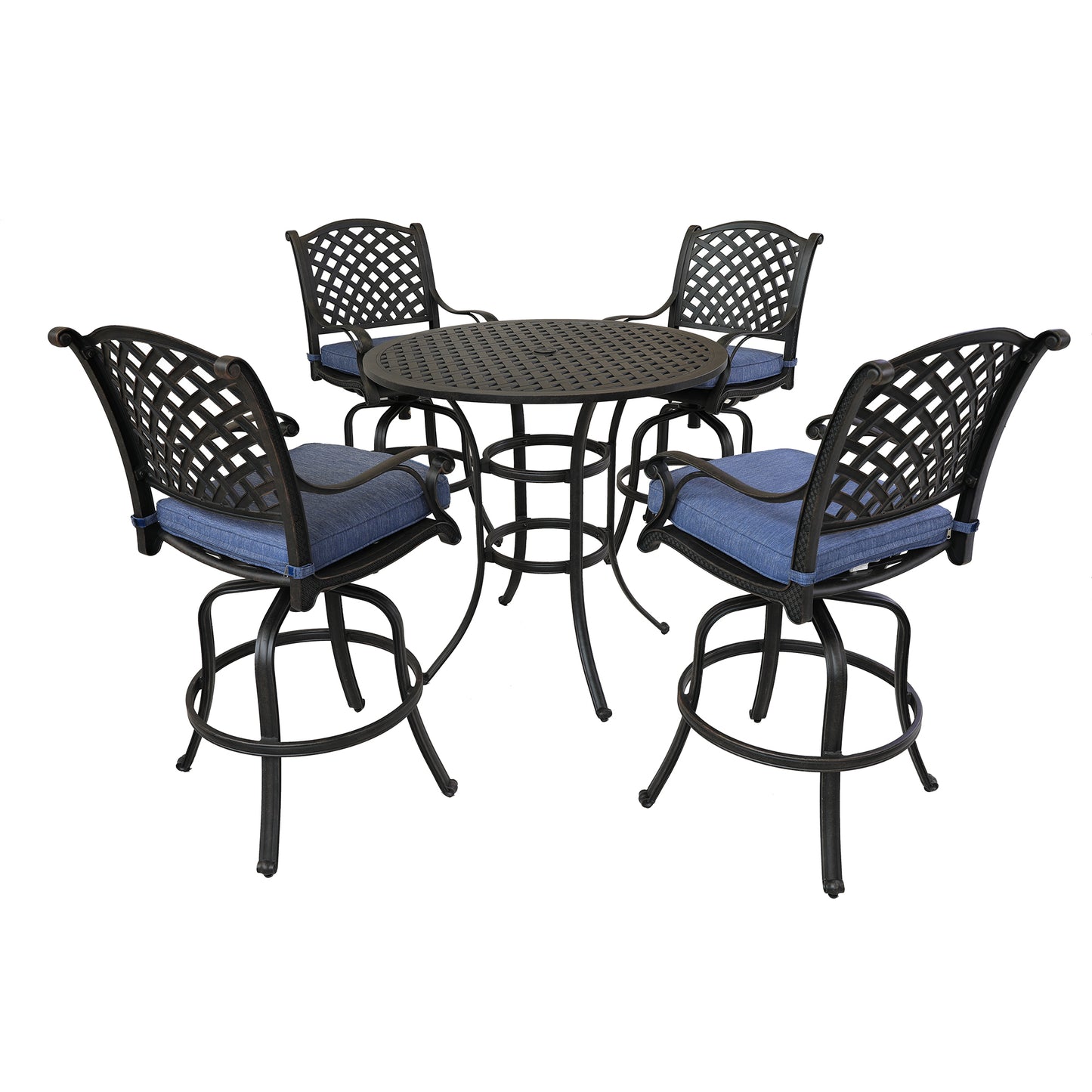 Round 4 - Person 42" Long Aluminum Bar Height Dining Set with Cushions, Navy Blue