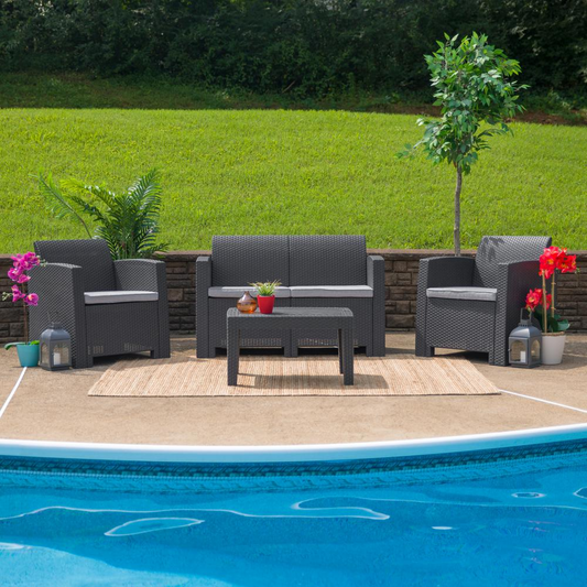 4 Piece Outdoor Faux Rattan Chair, Loveseat and Table Set in Seneca Dark Gray