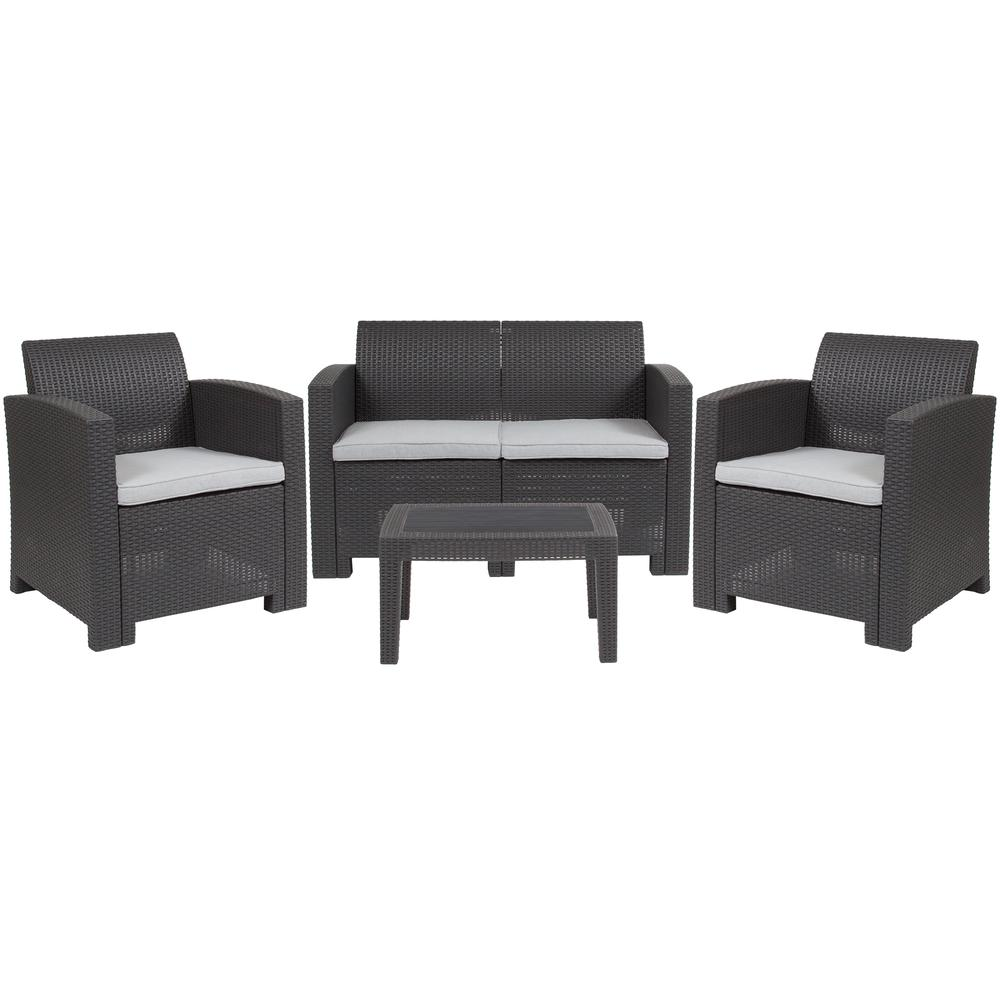 4 Piece Outdoor Faux Rattan Chair, Loveseat and Table Set in Seneca Dark Gray