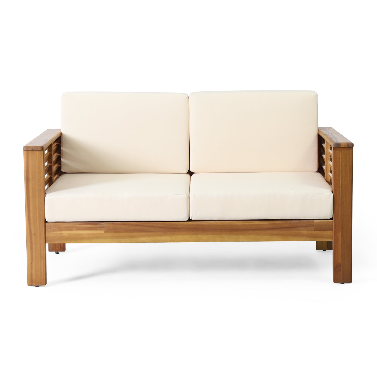 Teak Acacia Wood Loveseat and Coffee Table Set with Cream Cushions