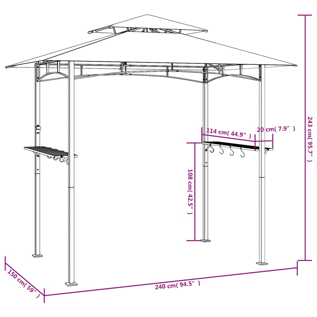 vidaXL BBQ Gazebo with Side Shelves Anthracite 94.5"x59.1"x95.7" Steel