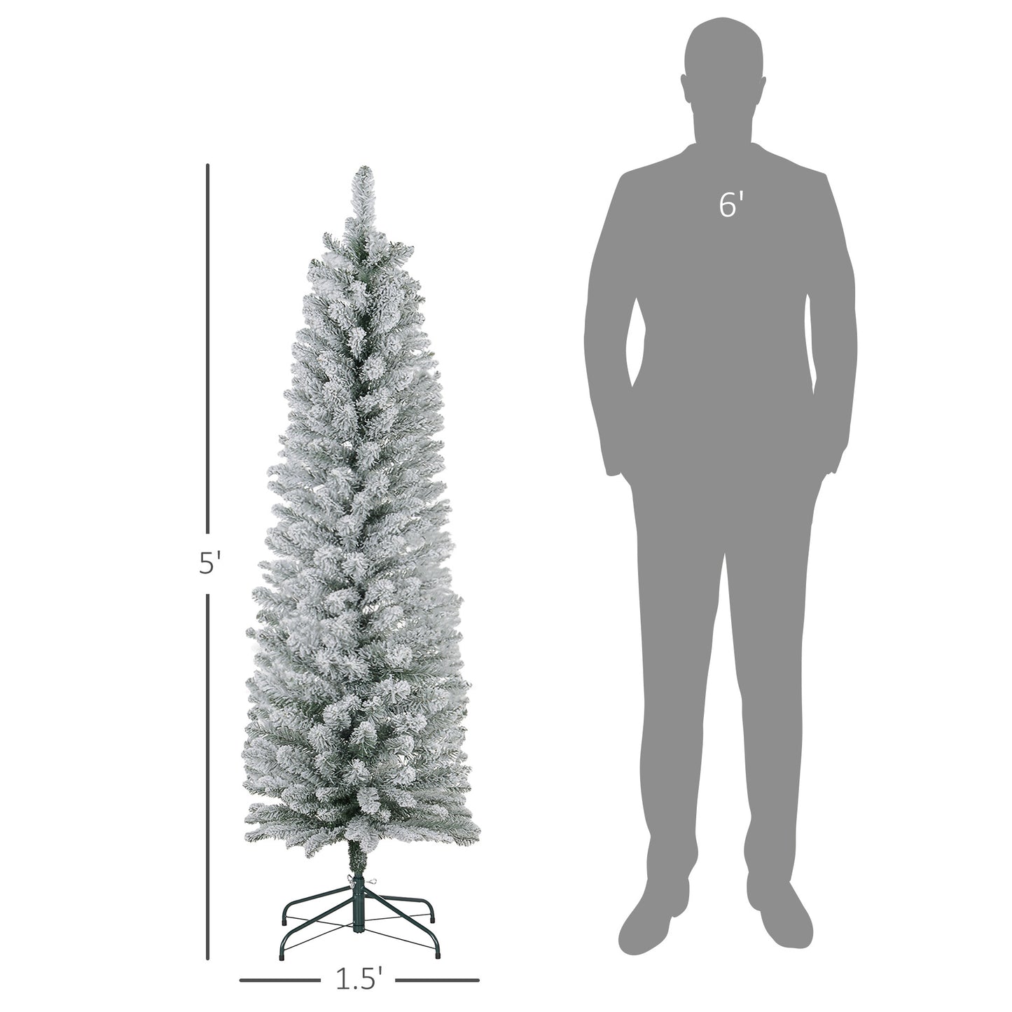 HOMCOM 5ft Artificial Pencil Christmas Tree with 263 Snow Flocked Tips, Metal Base, Realistic Xmas Tree