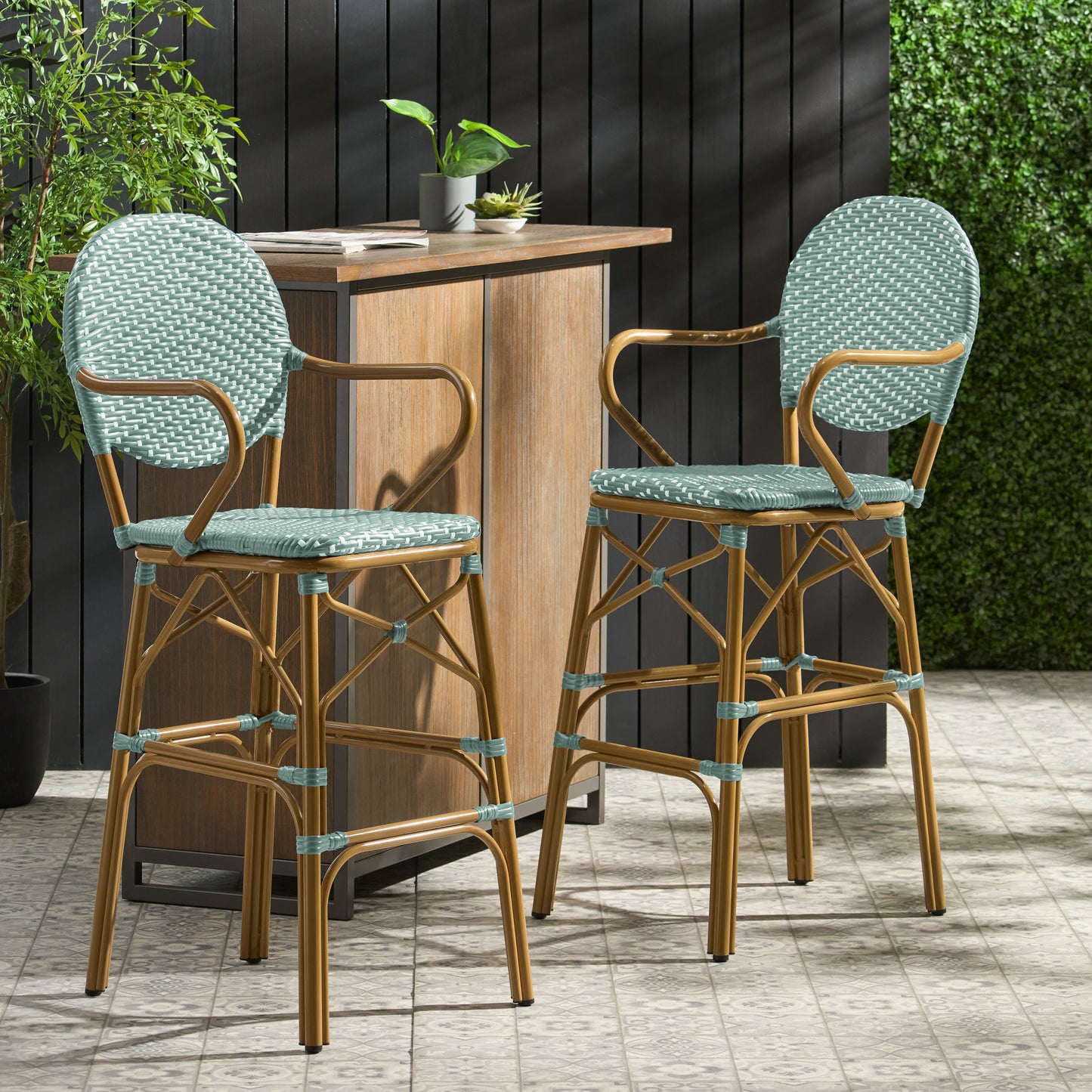 Outdoor Wicker and Aluminum 29.5" French Barstools, Set of 2, Teal, Bamboo Print Finish