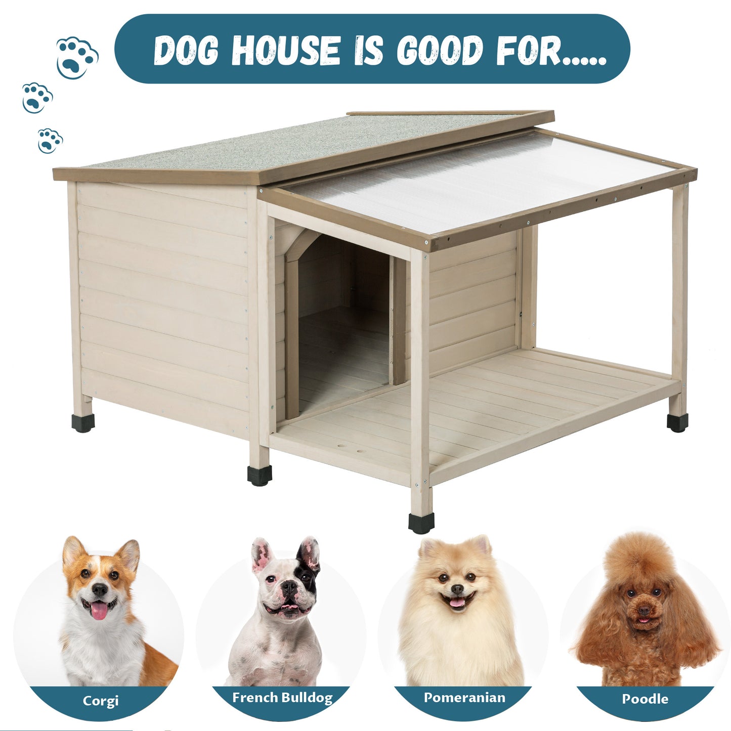 Outdoor fir wood dog house with an open roof ideal for small to medium dogs. Dog house with large terrace with clear roof.Weatherproof asphalt roof and treated wood.