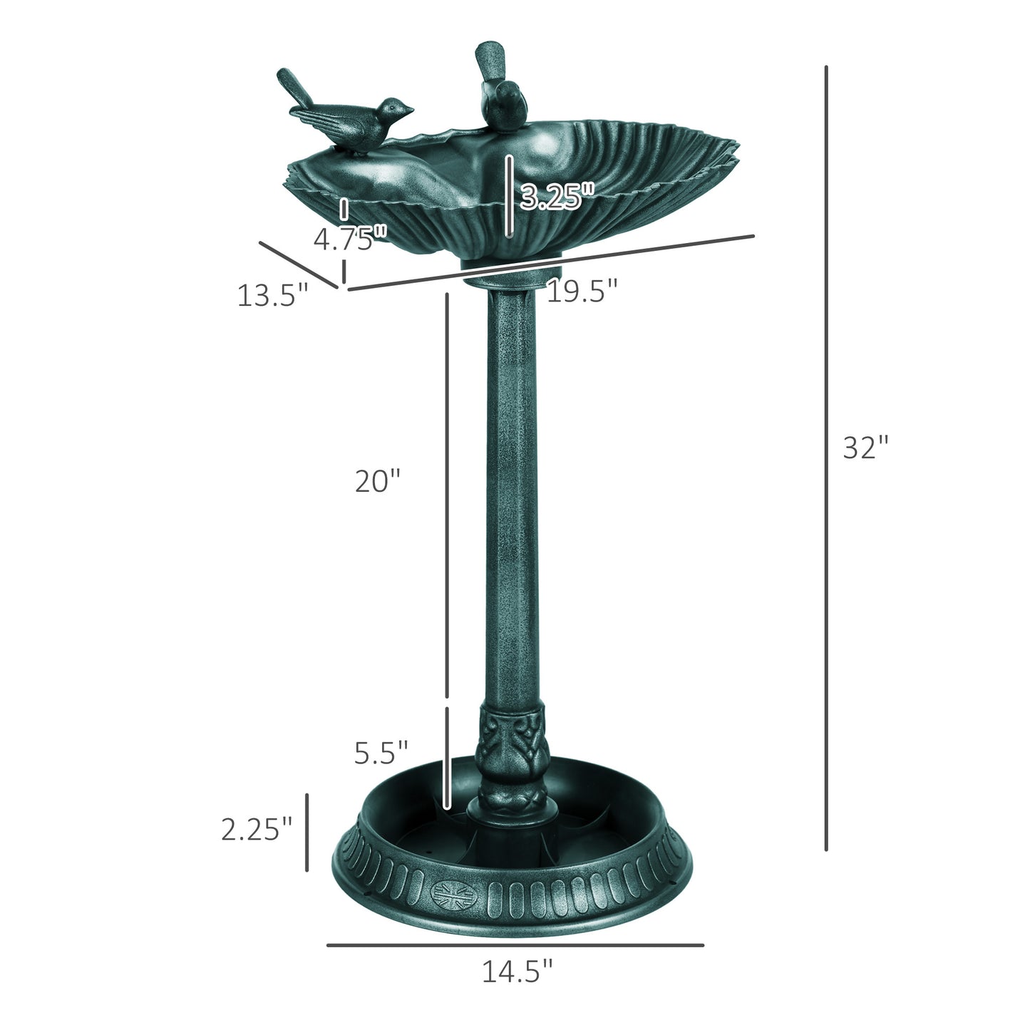 Outsunny 32" Antique Bird Bath with Pedestal Flower Planter Base, Vintage Style Decorative Birdbath, Bird Feeder Bowl & Planter Decoration Yard Statue, Verdigris