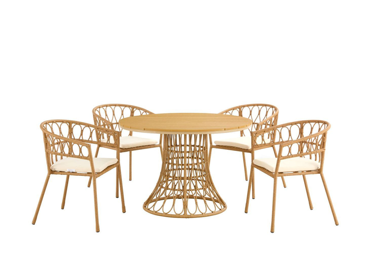 Outdoor dining set of 5,  simple bamboo dinning table , PE ratten round table 110CM plastic wood top, Bamboo looking ratten base, 4 dinning chairs with cushion, stackable