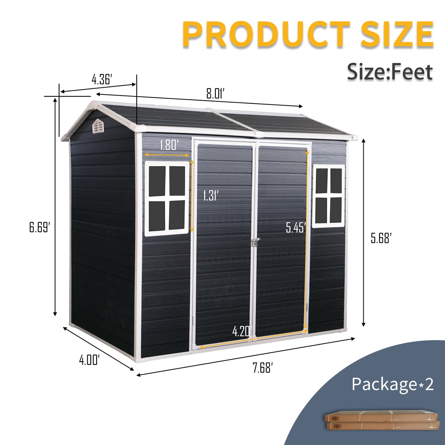 4x8ft Resin Outdoor Storage Shed with Two-Window and Double-Door,Plastic Shed with Floor for Gargen,Patio,Yard,Lawn,Black