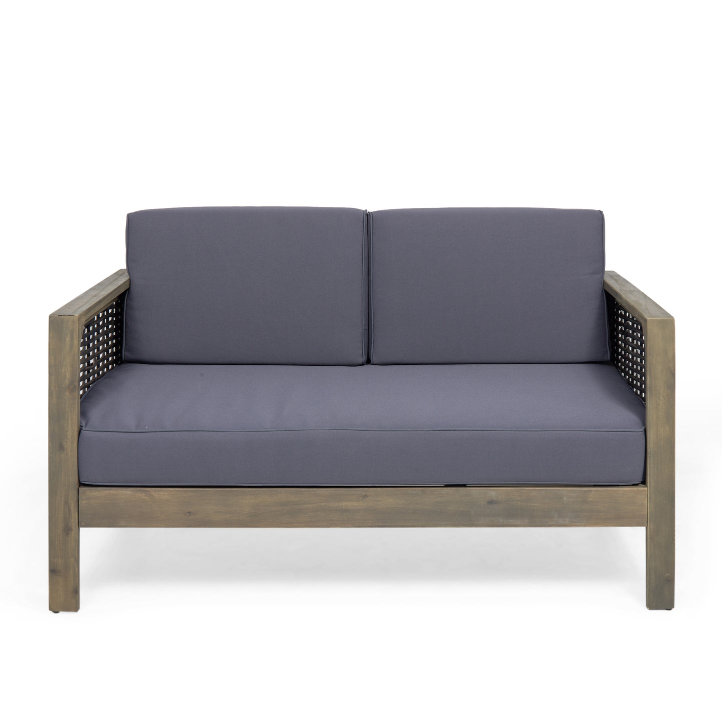 Outdoor 4 Seater Acacia Wood Chat Set with Wicker Accents and Cushions, Gray + Mixed Gray + Dark Gray