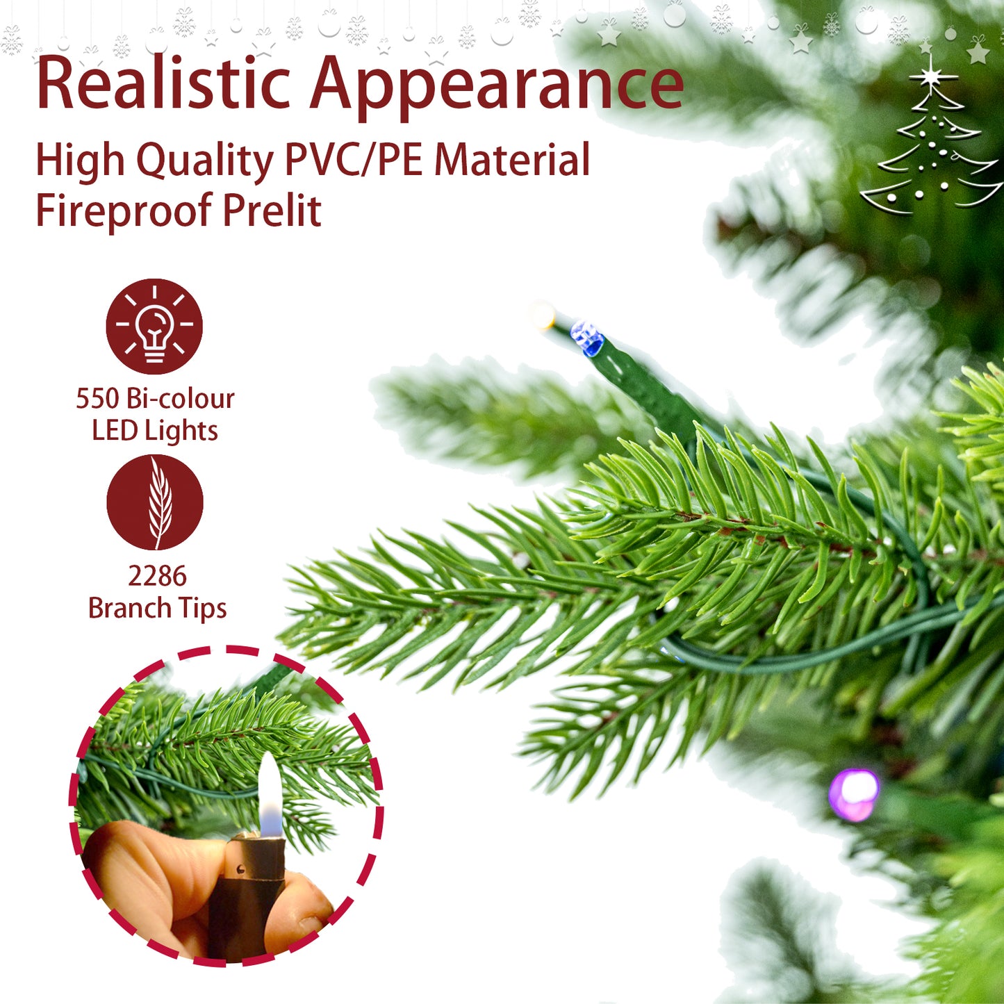 7.5ft Artificial Christmas Tree Prelit PE&PVC With Metal Stand,550 Multi-Colour LED Lights,2286 Branch Tips Green Everett Balsam Tree Easy Assembly For Indoor,Home 50 x 50 x 90 inches