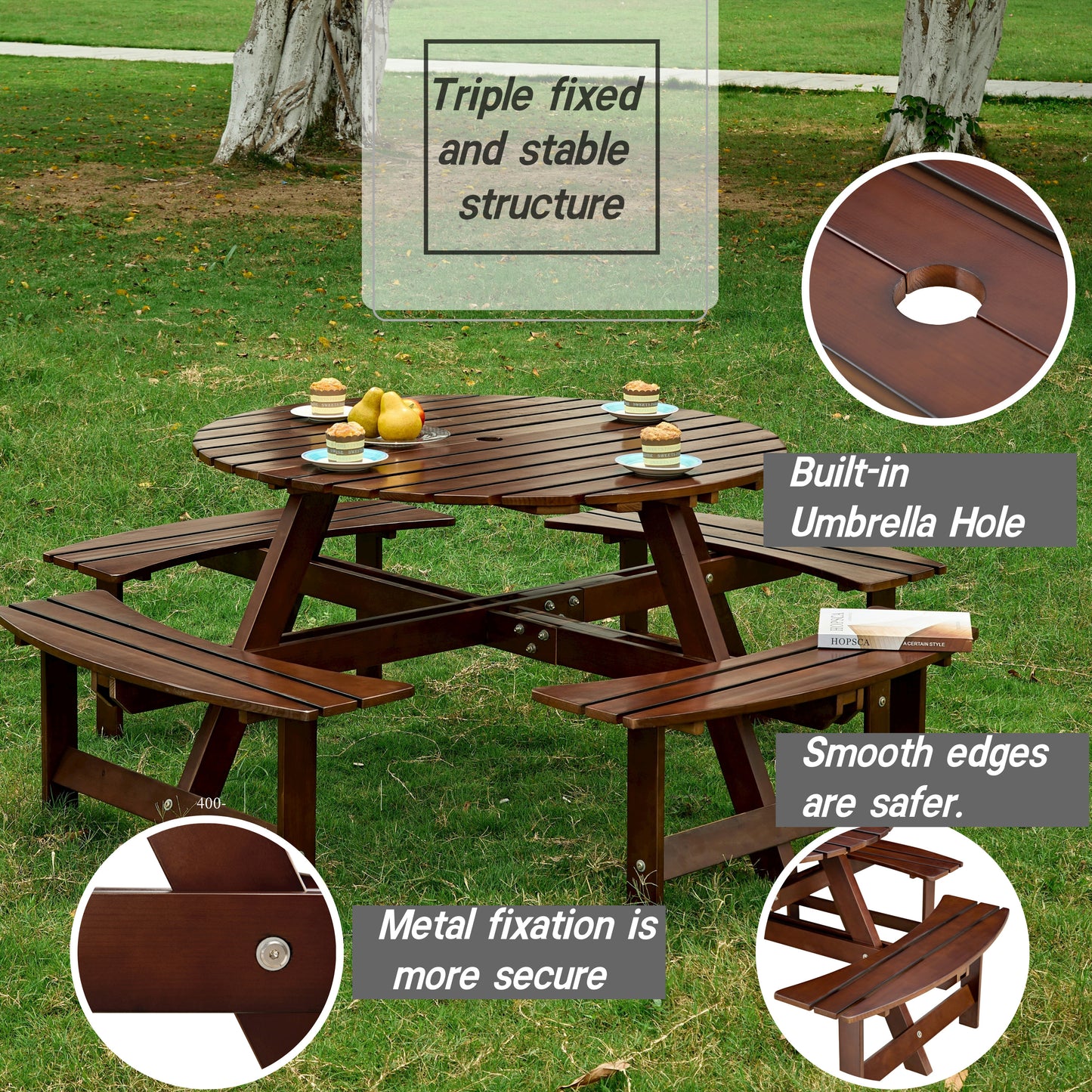 Outdoor 8 Person Picnic Table, 8 person Round Picnic Table with 4 Built-in Benches, Umbrella Hole, Outside Table and Bench Set for Garden, Backyard, Porch, Patio,  Brown