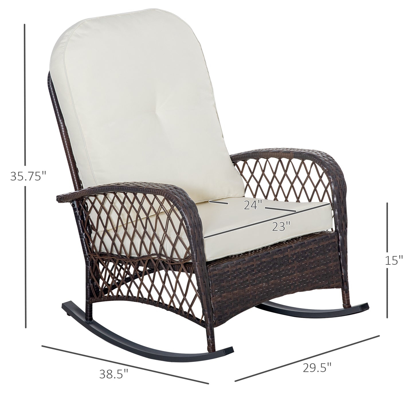 Outsunny Outdoor Wicker Rocking Chair with Wide Seat, Thick, Soft Cushion, Rattan Rocker w/Steel Frame, High Weight Capacity for Patio, Garden, Backyard, Cream White