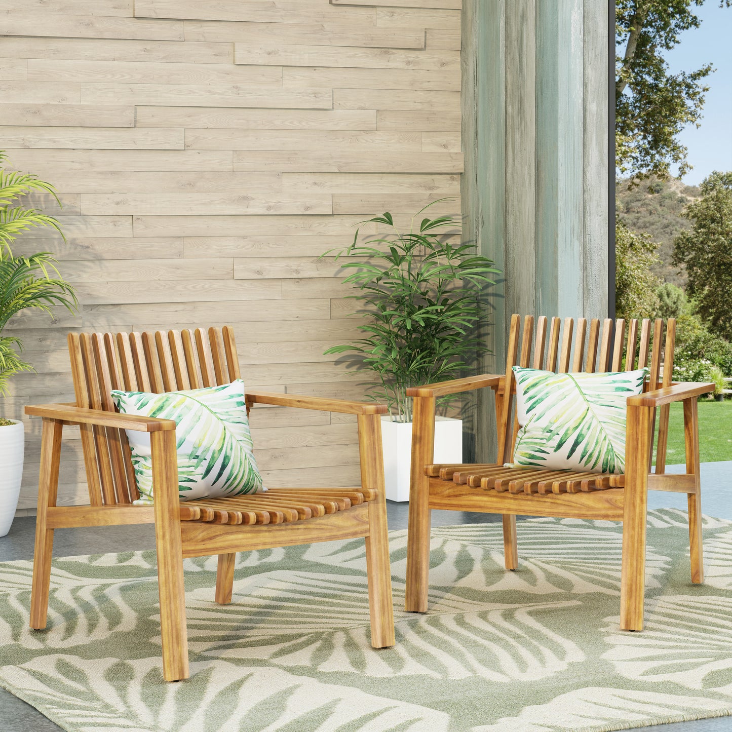 Outdoor Acacia Wood Slatted Club Chairs, Set of 2, Teak finish, Acacia Wood, 30"D x 28"W x 30.75"H