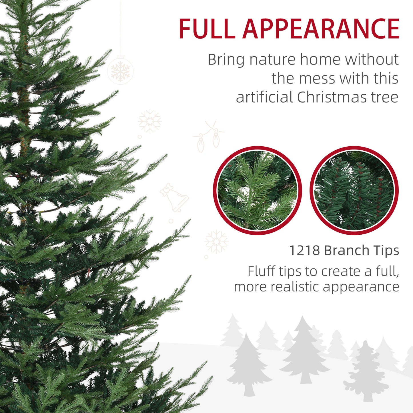 HOMCOM 7.5 Foot Artificial Christmas Tree, Pine Hinged Xmas Tree with 1218 Realistic Branches, Steel Base, Auto Open, Green