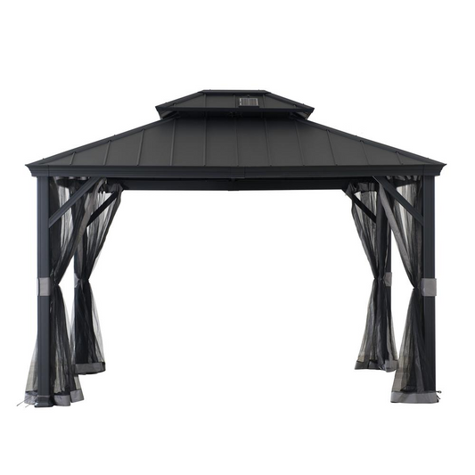 Sunjoy 10 x 12ft Patio Aluminum Frame Gazebo with Solar Panel and 2-Tier Hardtop