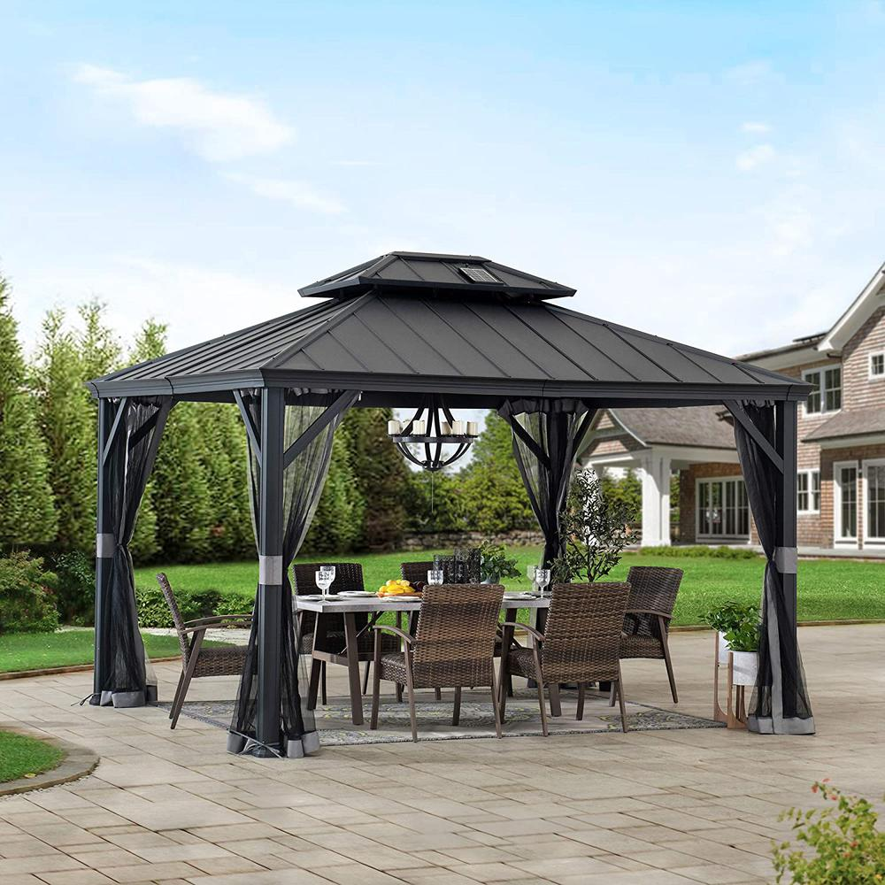 Sunjoy 10 x 12ft Patio Aluminum Frame Gazebo with Solar Panel and 2-Tier Hardtop