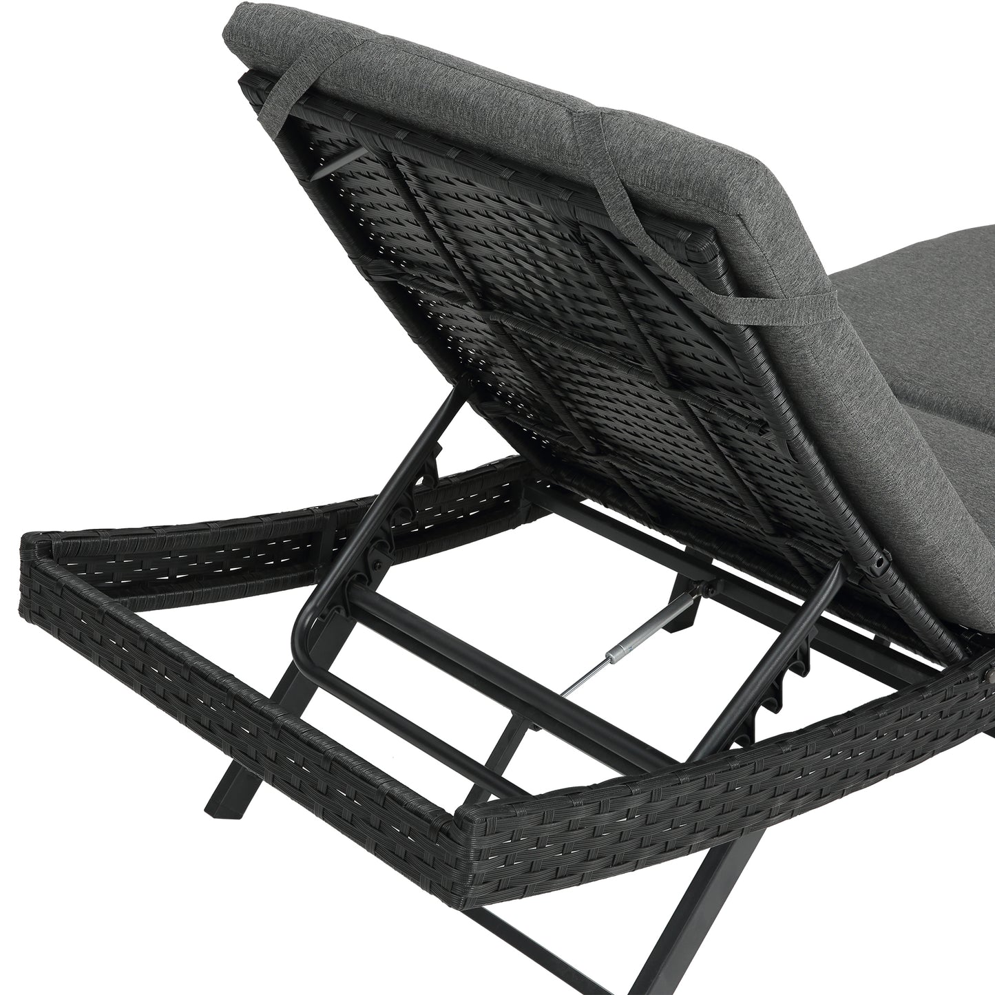 Steel folding Lounge Sets Outdoor Rattan Adjustable Back 3 Pieces Cushioned Patio Folding Chaise Lounge with Folding Table (Gray)