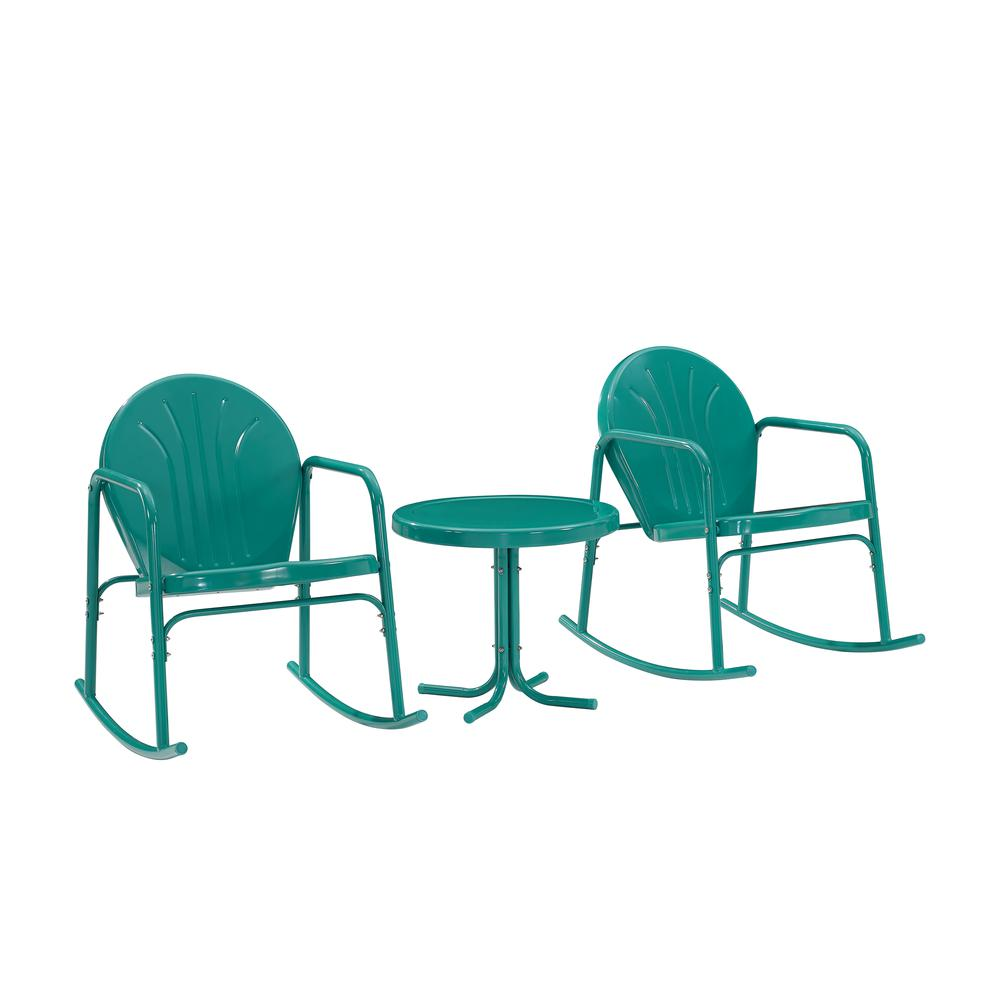 Griffith 3Pc Outdoor Metal Rocking Chair Set Turquoise Gloss - Side Table & 2 Rocking Chairs