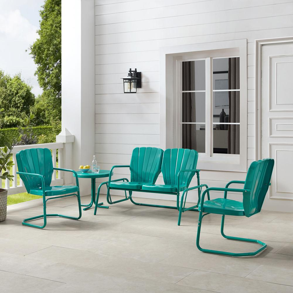 Ridgeland 4Pc Outdoor Metal Conversation Set Turquoise Gloss - Loveseat Glider, Side Table, & 2 Armchairs