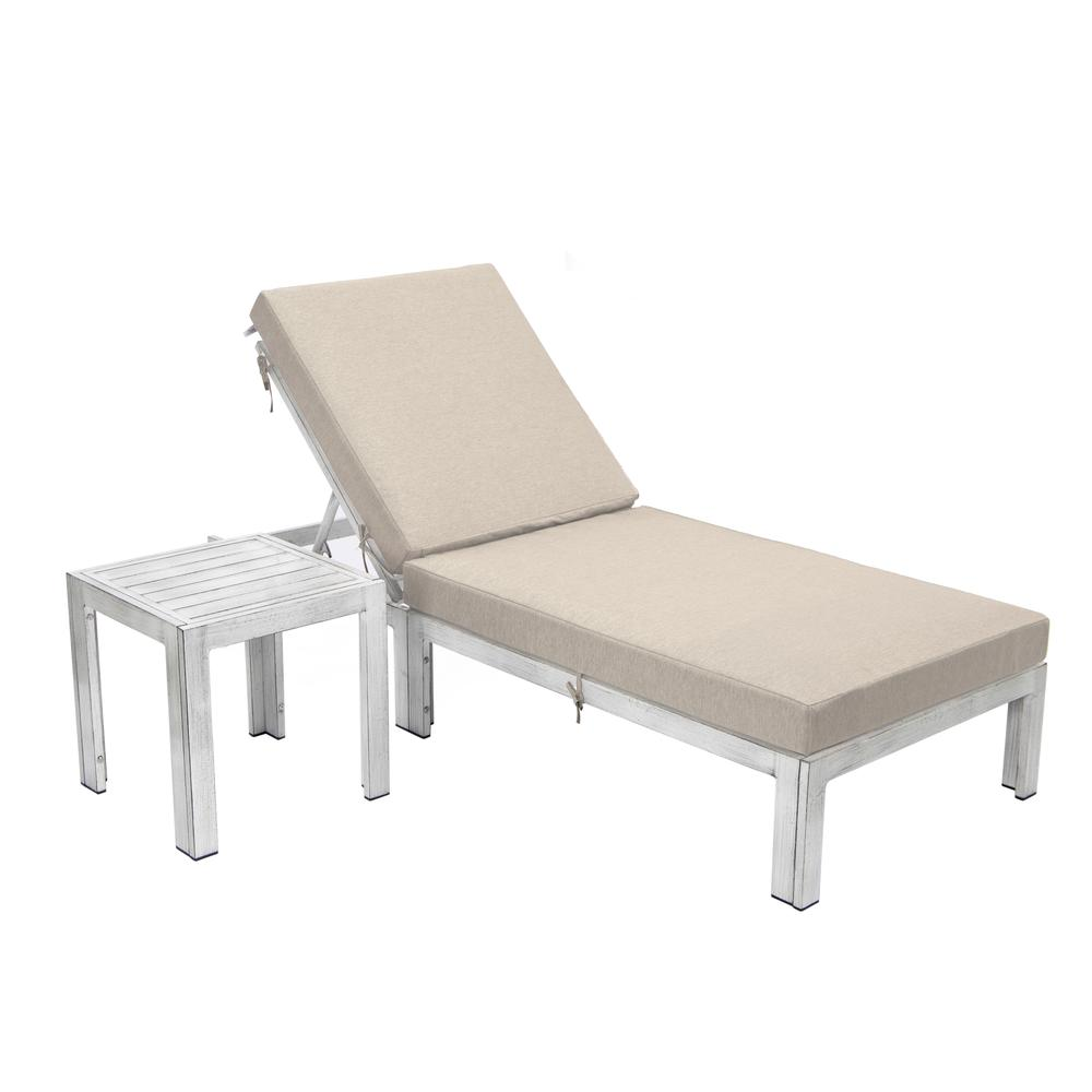 Outdoor Weathered Grey Chaise Lounge Chair With Side Table & Cushions